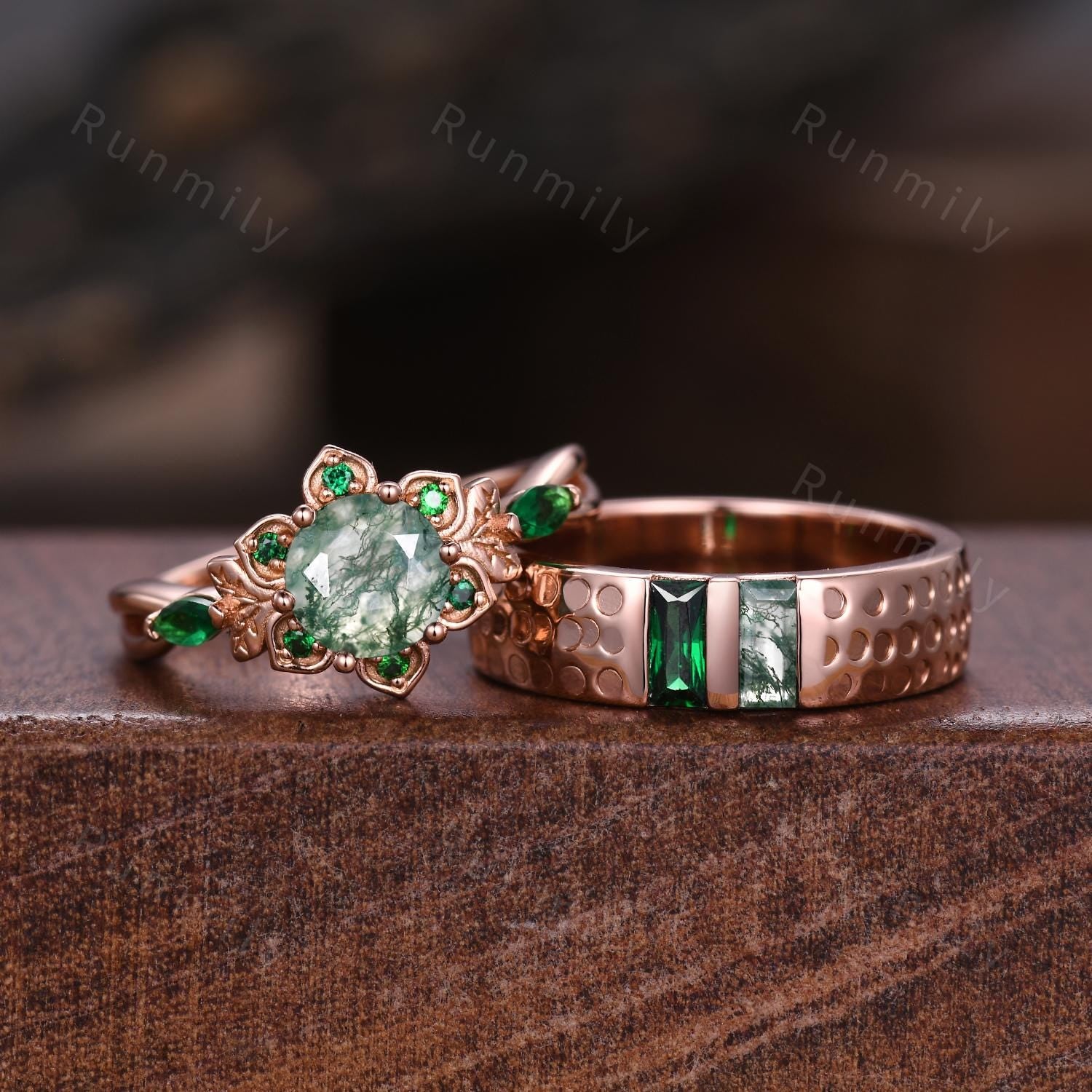 Moss Agate and Emerald Couples Ring Set Vintage Floral Engagement Ring Vintage Rose Gold His and Hers Wedding Band Mens Baguette Gem Ring