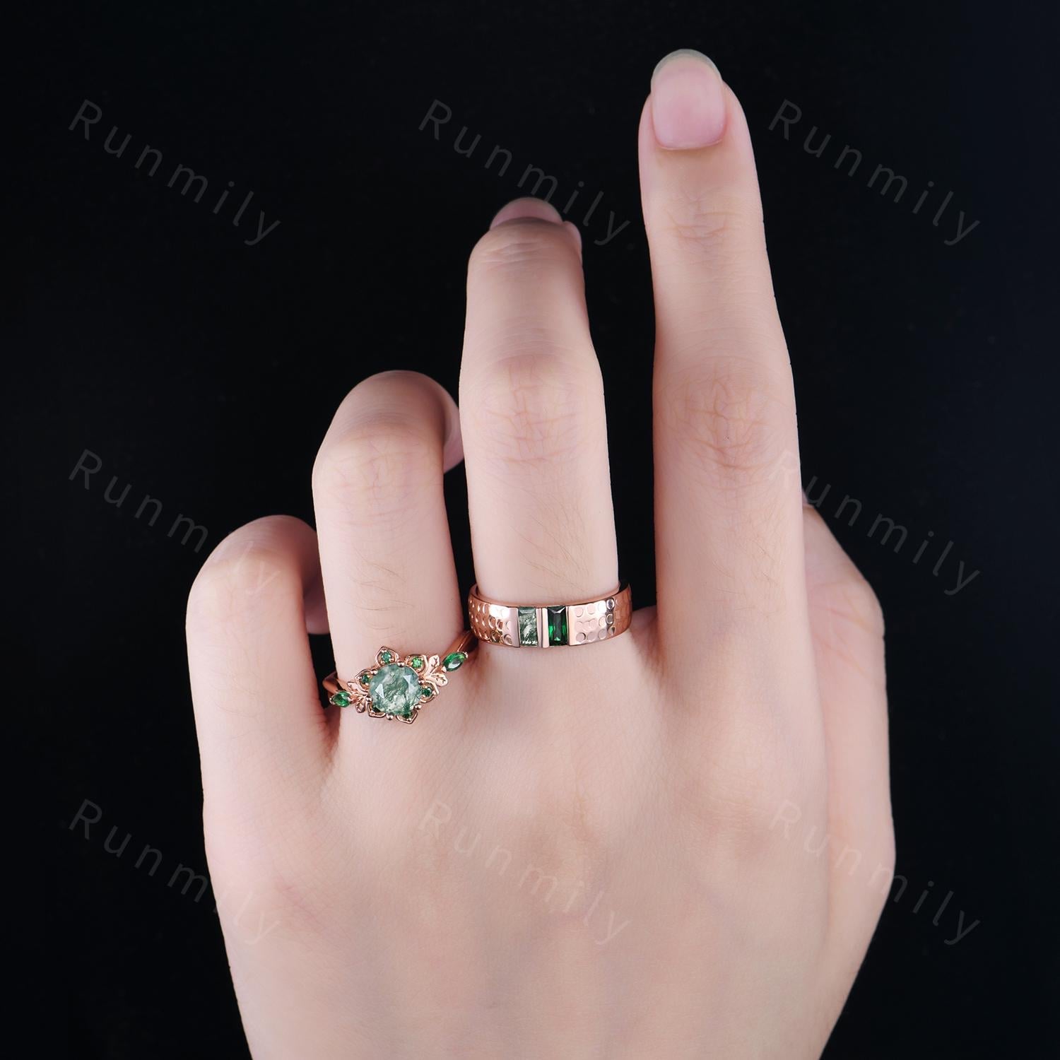 Moss Agate and Emerald Couples Ring Set Vintage Floral Engagement Ring Vintage Rose Gold His and Hers Wedding Band Mens Baguette Gem Ring