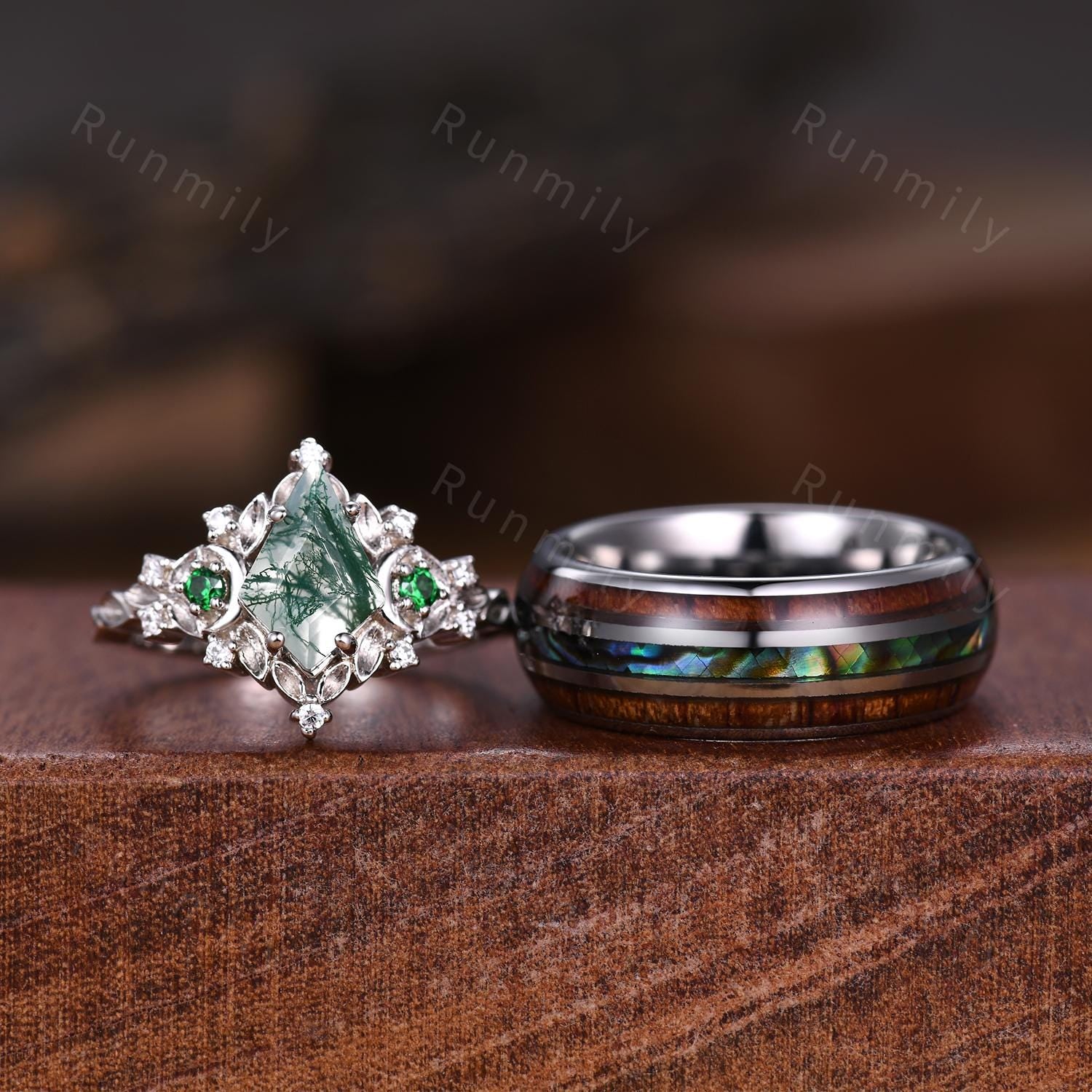 Antique Moss Agate Couple Ring Vintage His and Hers Matching Wedding Band Mens Tungsten Ring Moss Agate Ring White Gold Couples Ring Set