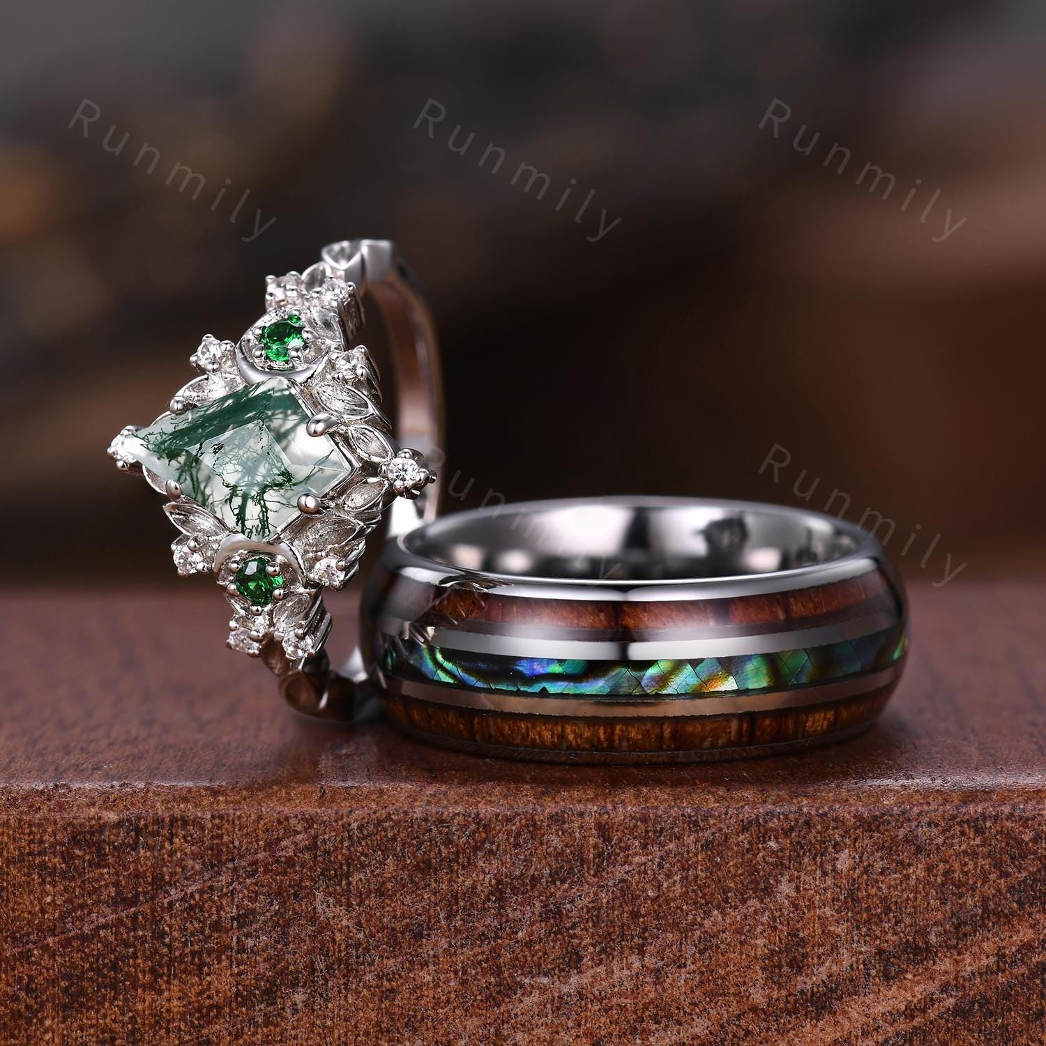 Antique Moss Agate Couple Ring Vintage His and Hers Matching Wedding Band Mens Tungsten Ring Moss Agate Ring White Gold Couples Ring Set