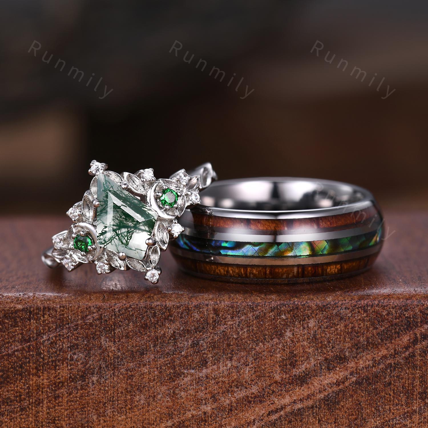 Antique Moss Agate Couple Ring Vintage His and Hers Matching Wedding Band Mens Tungsten Ring Moss Agate Ring White Gold Couples Ring Set