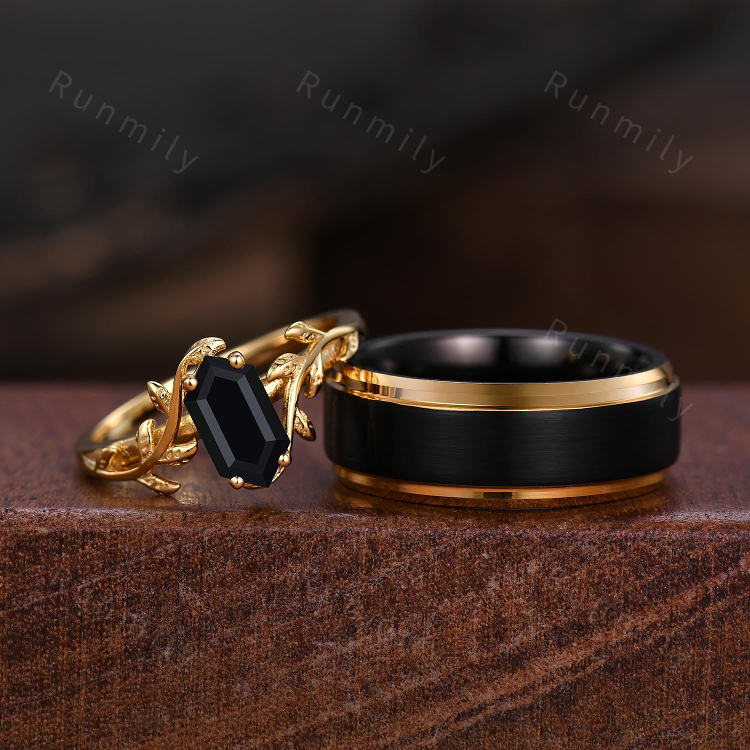 Twig Leaf Black Onyx Couples Ring Yellow Gold Matching Ring Set His And Hers Wedding Band Promise Ring For Men For Women Natural Black Onyx