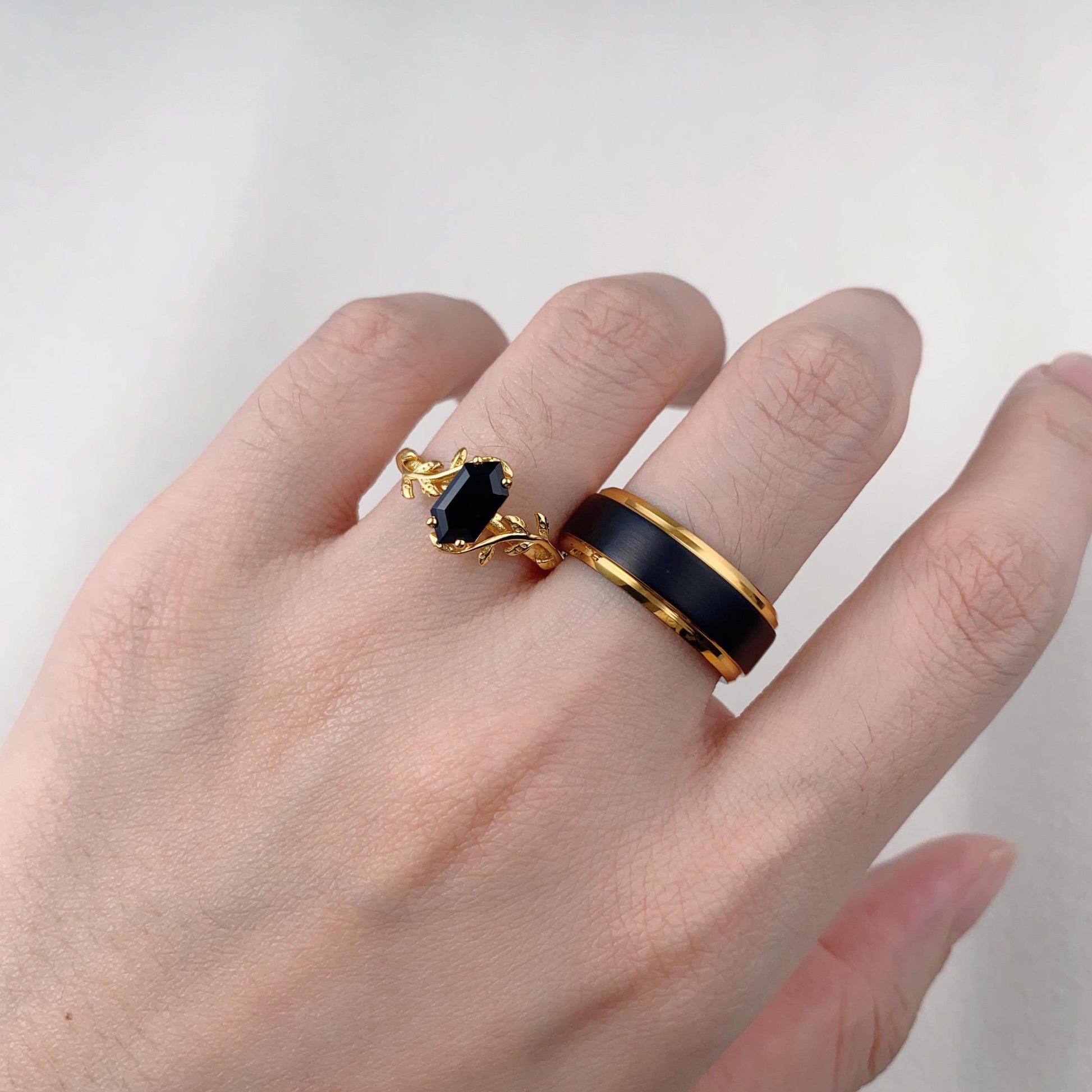 Twig Leaf Black Onyx Couples Ring Yellow Gold Matching Ring Set His And Hers Wedding Band Promise Ring For Men For Women Natural Black Onyx