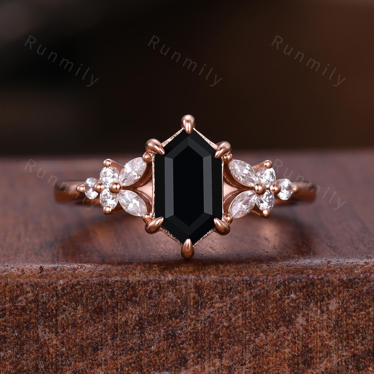 Hexagon cut Black Onyx Engagement ring set Vintage open gap wedding band Rose gold Cluster shank leaf Bridal set Anniversary ring gift