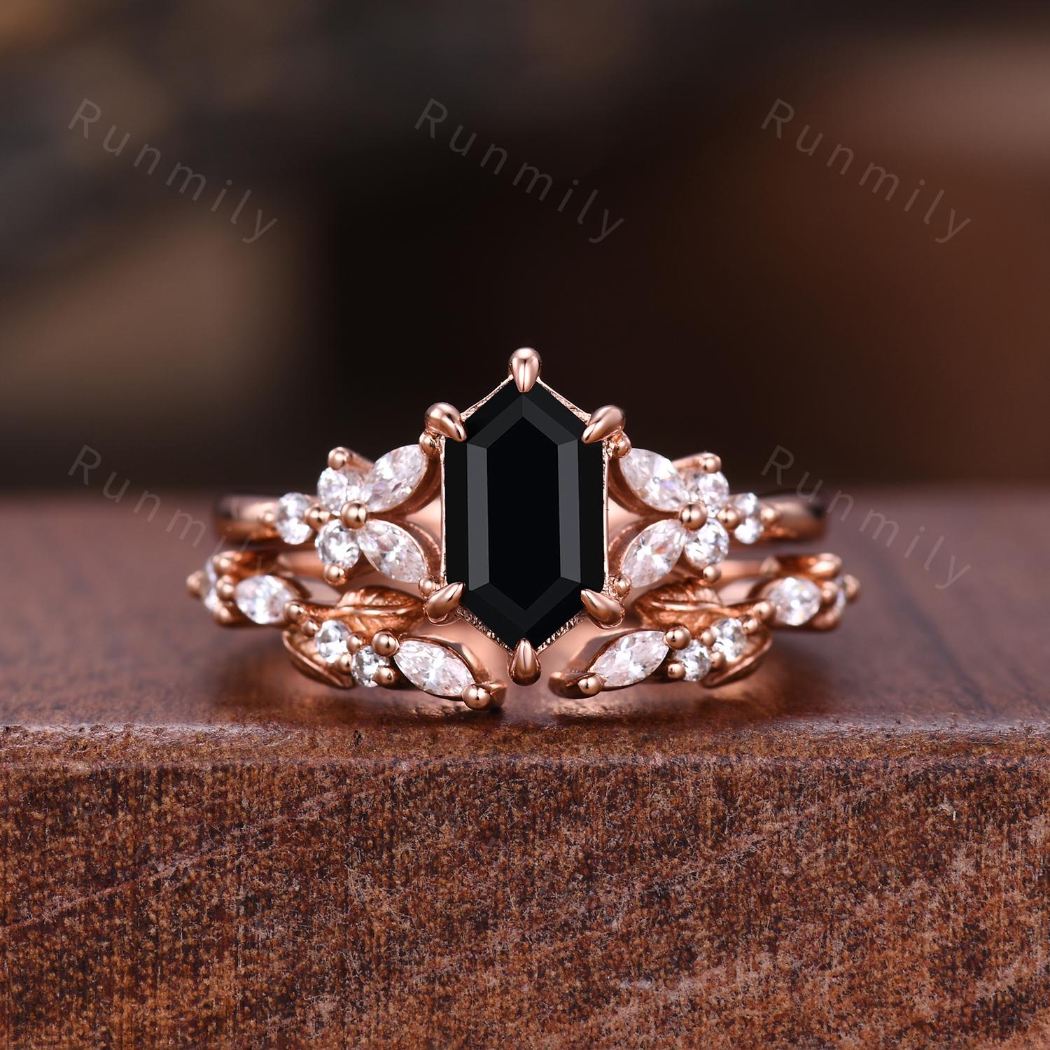Hexagon cut Black Onyx Engagement ring set Vintage open gap wedding band Rose gold Cluster shank leaf Bridal set Anniversary ring gift