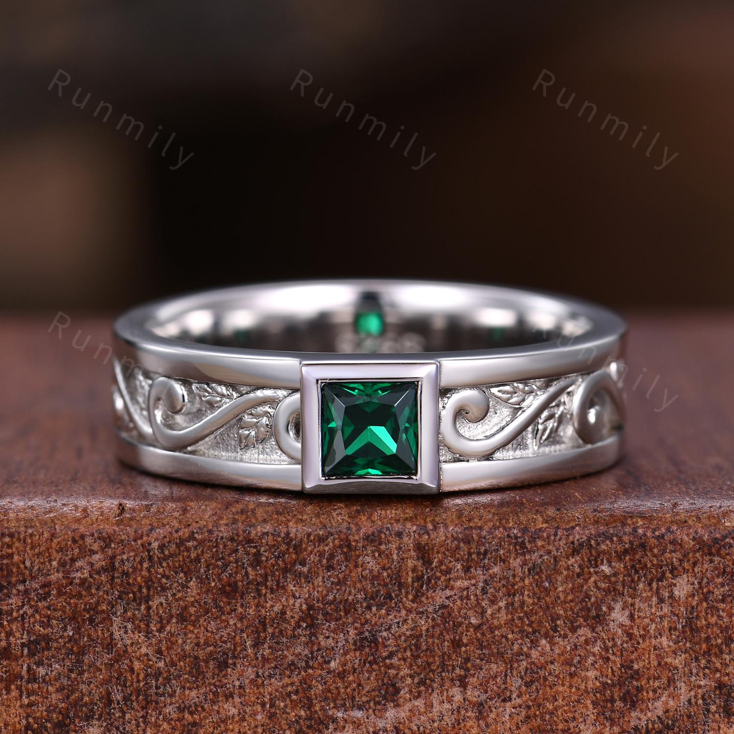 His and Hers Emerald Wedding Ring Set Vintage Emerald Couples Ring Sterling Silver Ring Mens Princess cut Ring May Birthstone Jewelry Gifts