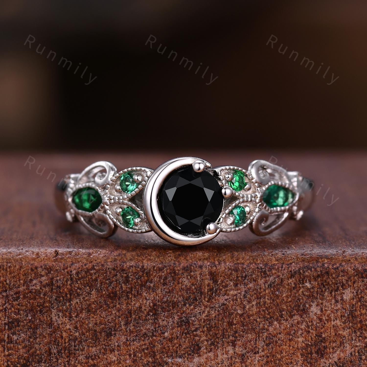 Black onyx Emerald couples ring set vintage twig leaf ring sterling silver His and Hers wedding band Mens emerald ring Antique promise ring