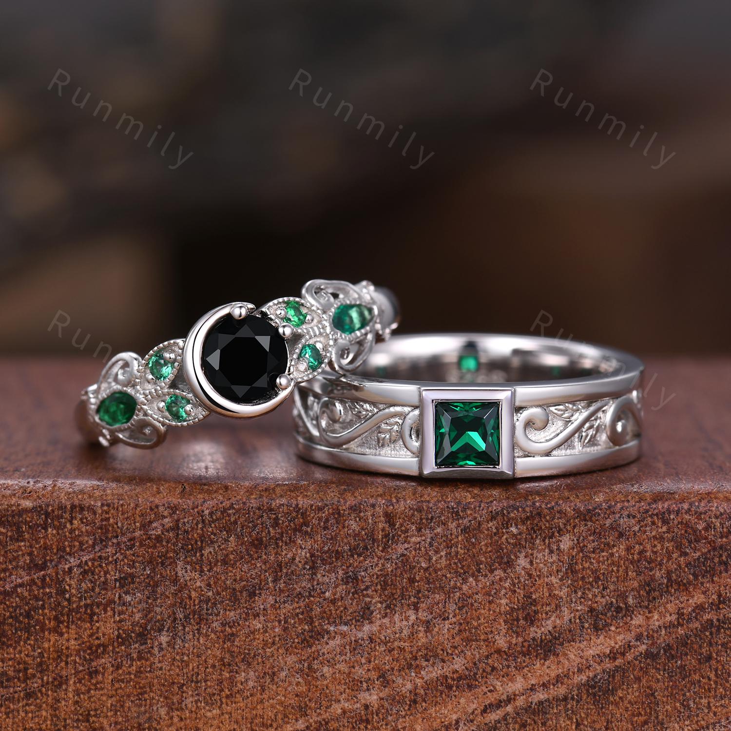 Black onyx Emerald couples ring set vintage twig leaf ring sterling silver His and Hers wedding band Mens emerald ring Antique promise ring