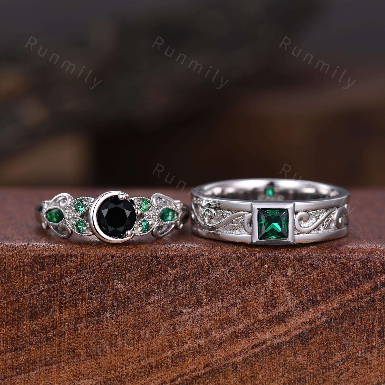 Black onyx Emerald couples ring set vintage twig leaf ring sterling silver His and Hers wedding band Mens emerald ring Antique promise ring