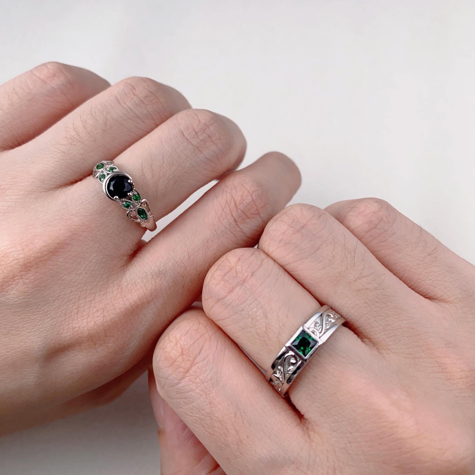 Black onyx Emerald couples ring set vintage twig leaf ring sterling silver His and Hers wedding band Mens emerald ring Antique promise ring