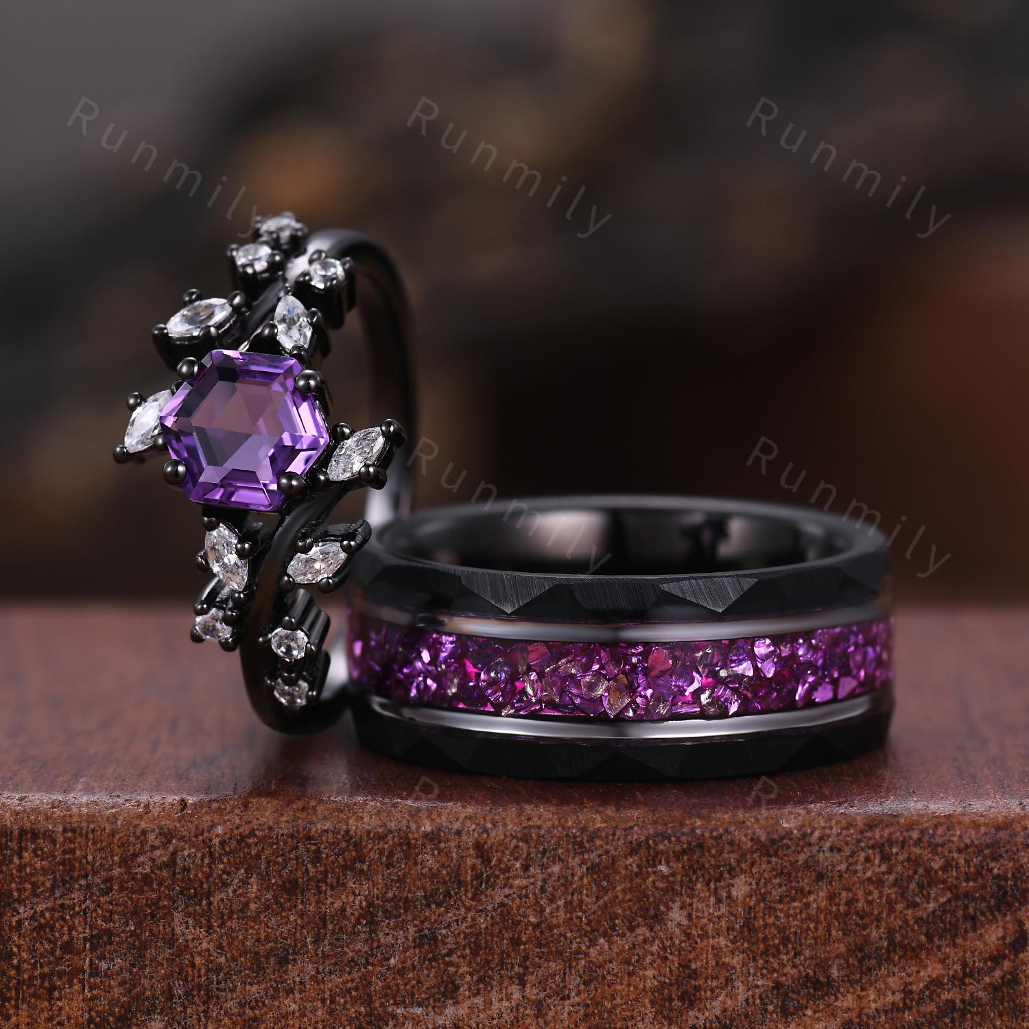 Vintage Hexagon Amethyst Couple Ring Set Gothic Black Gold His and Hers Wedding Band Mens Crushed Amethyst Ring February Birthstone Rings