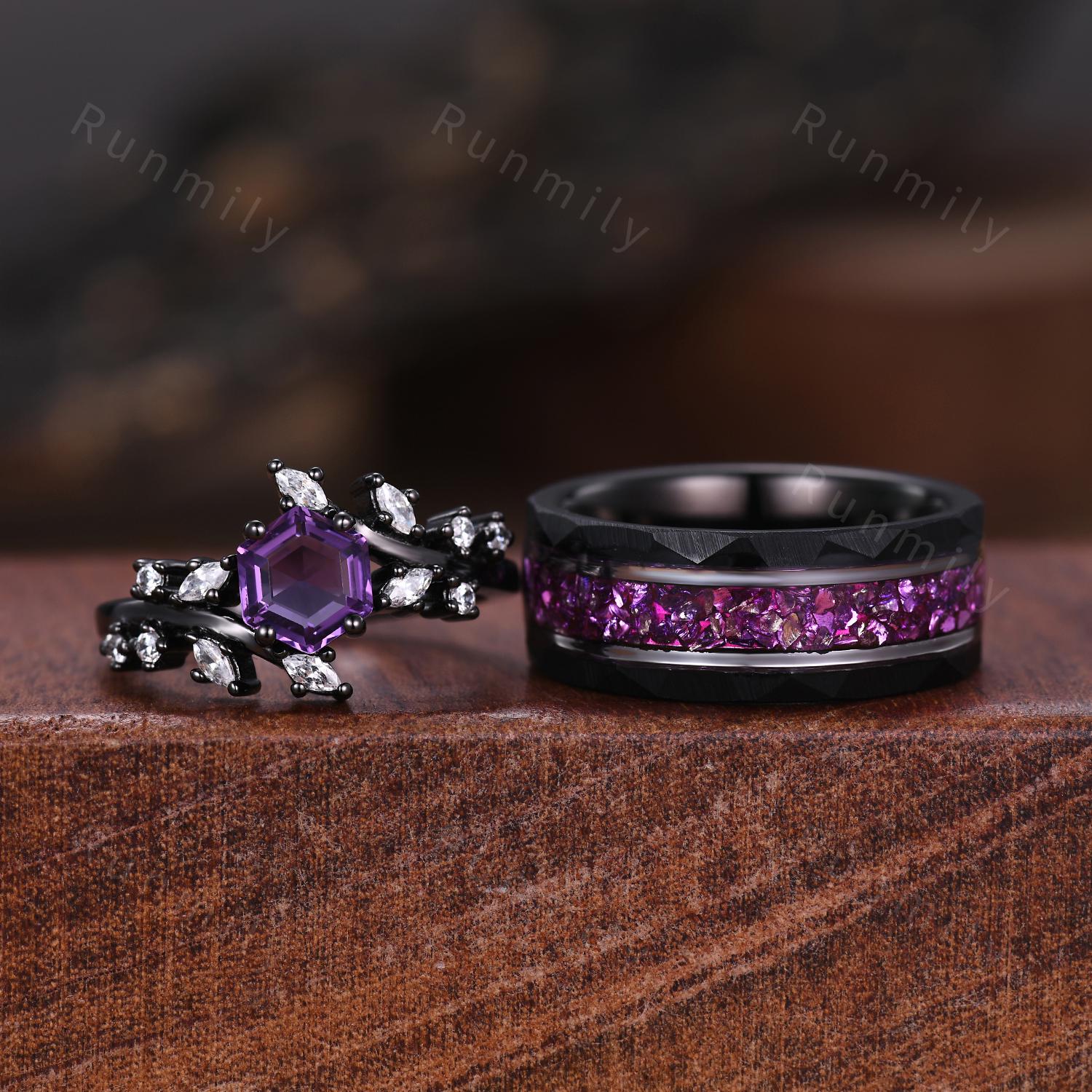 Vintage Hexagon Amethyst Couple Ring Set Gothic Black Gold His and Hers Wedding Band Mens Crushed Amethyst Ring February Birthstone Rings