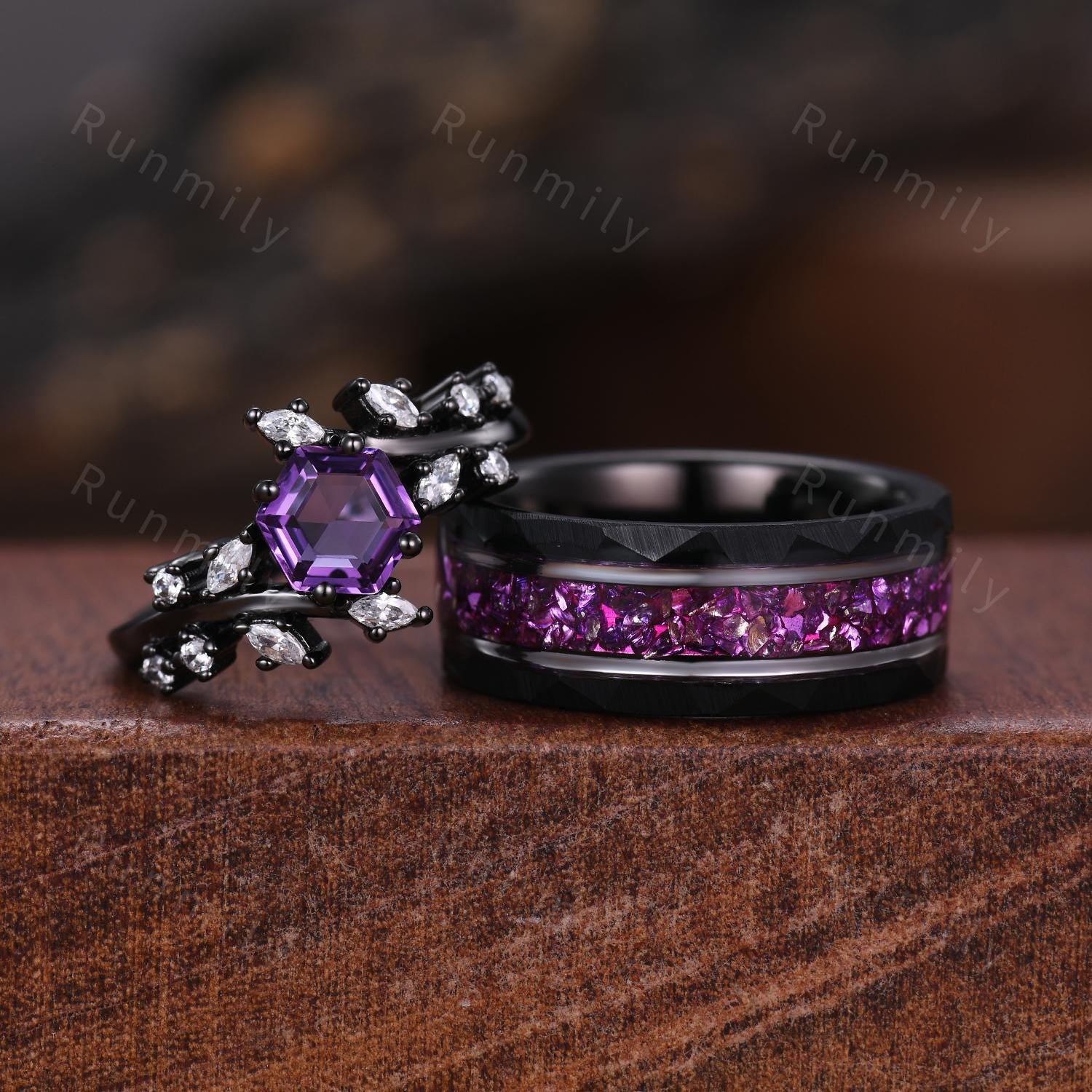 Vintage Hexagon Amethyst Couple Ring Set Gothic Black Gold His and Hers Wedding Band Mens Crushed Amethyst Ring February Birthstone Rings