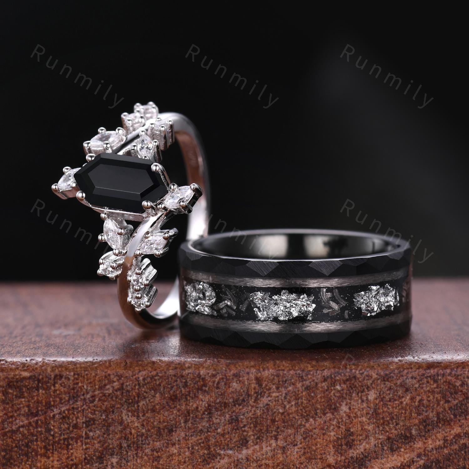 Hexagon cut black onyx couples ring vintage cluster ring Silver His and Hers wedding band Mens meteorite ring black gemstone matching rings