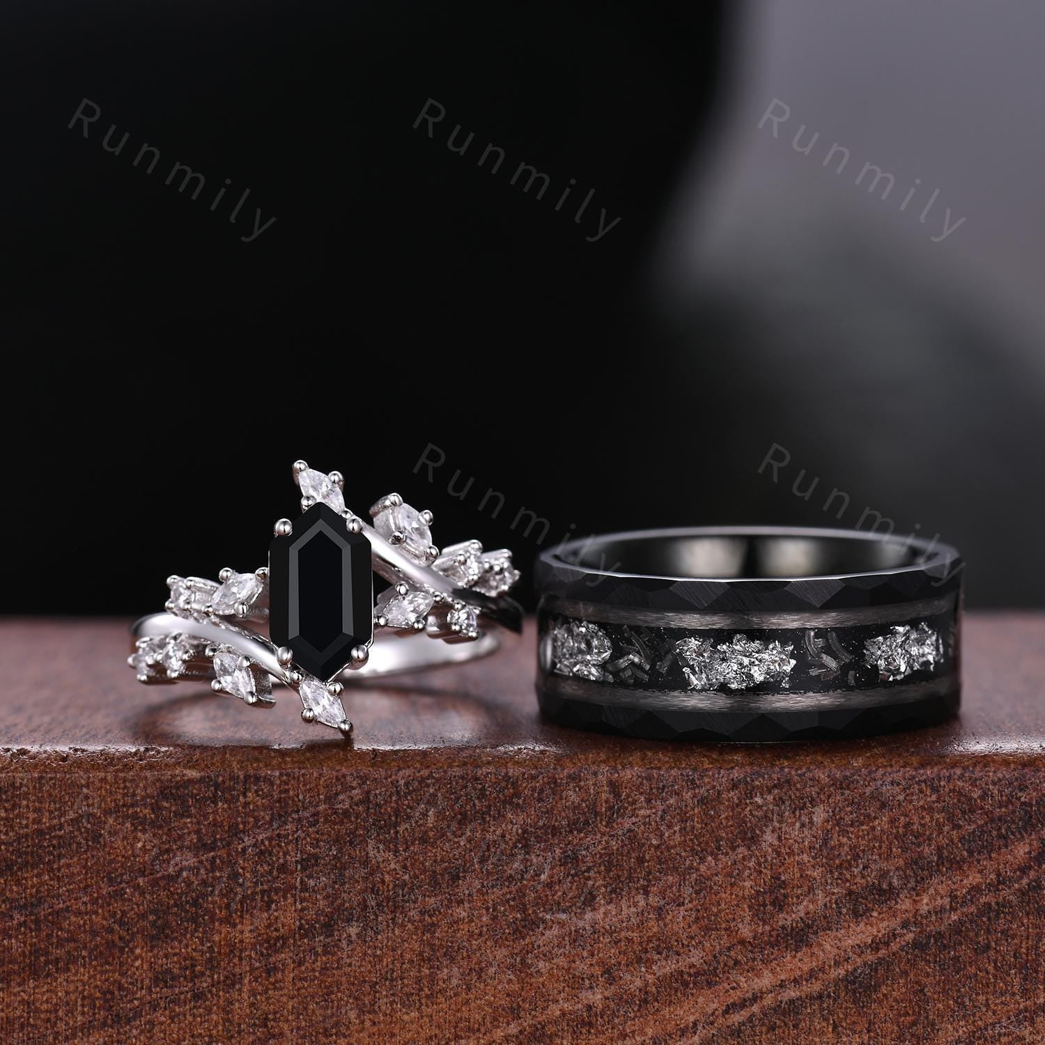 Hexagon cut black onyx couples ring vintage cluster ring Silver His and Hers wedding band Mens meteorite ring black gemstone matching rings