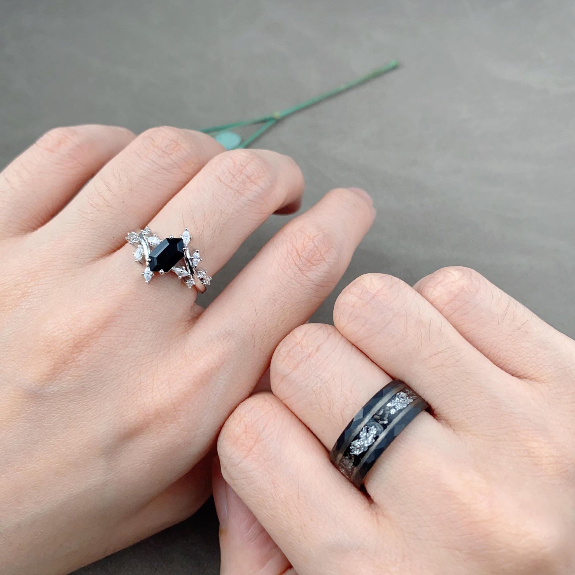Hexagon cut black onyx couples ring vintage cluster ring Silver His and Hers wedding band Mens meteorite ring black gemstone matching rings