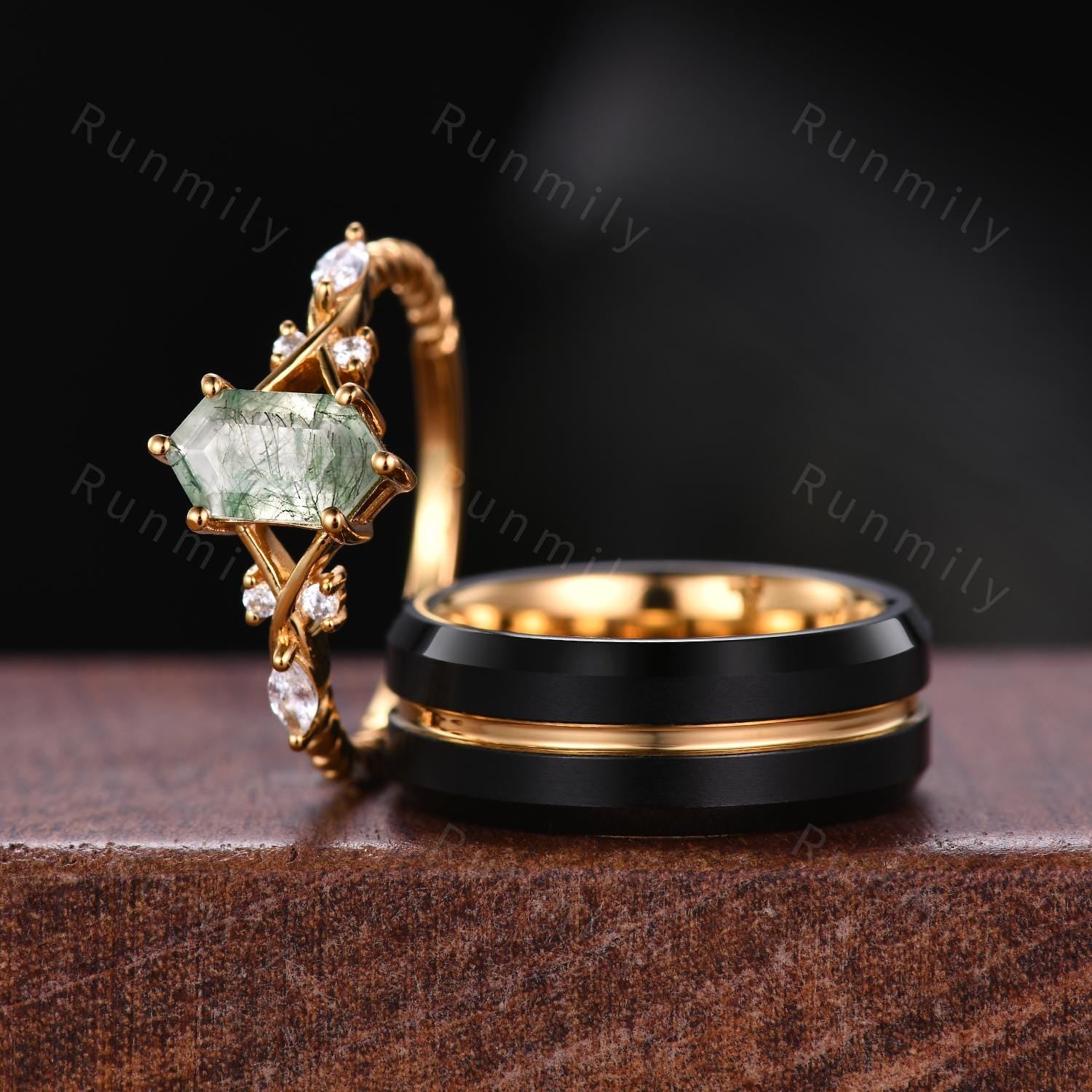 Natural Moss Agate Couples Ring Yellow Gold Matching Ring Set His and Hers Wedding Band Promise Ring For Men For Women Hexagon cut Ring