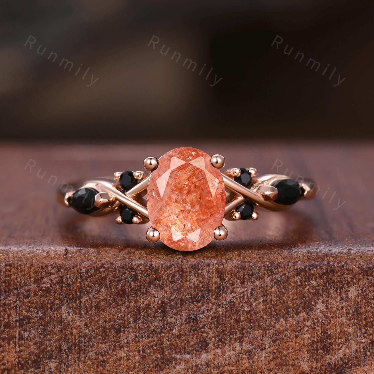 Oval Cut Sunstone Couples Ring Set Rose Gold Matching Promise Rings His And Hers Wedding Band Mens Tungsten Ring Anniversary Ring Gifts