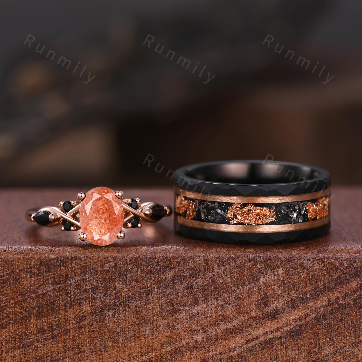 Oval Cut Sunstone Couples Ring Set Rose Gold Matching Promise Rings His And Hers Wedding Band Mens Tungsten Ring Anniversary Ring Gifts