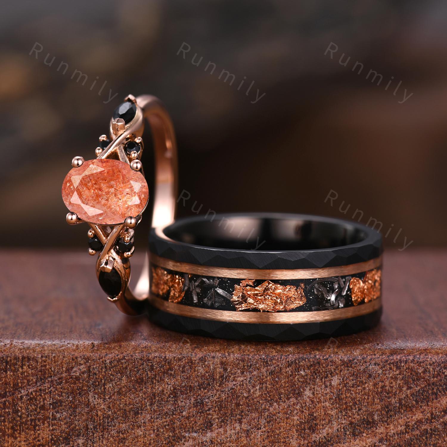 Oval Cut Sunstone Couples Ring Set Rose Gold Matching Promise Rings His And Hers Wedding Band Mens Tungsten Ring Anniversary Ring Gifts