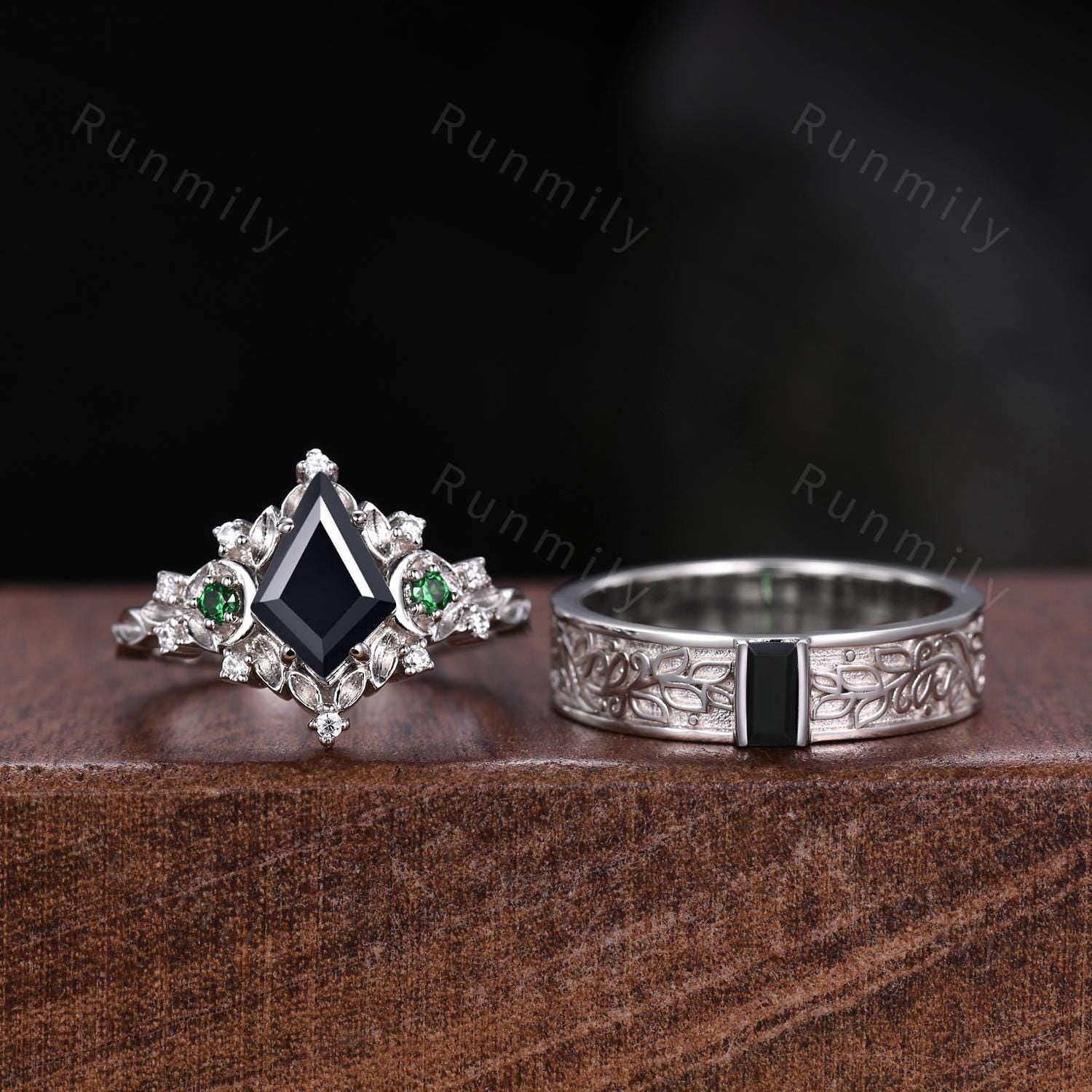 Antique Natural Black Onyx Couples Ring Set Leaf Style Promise Ring For Men For Women Silver His and Hers Wedding Band Mens Engagement Ring