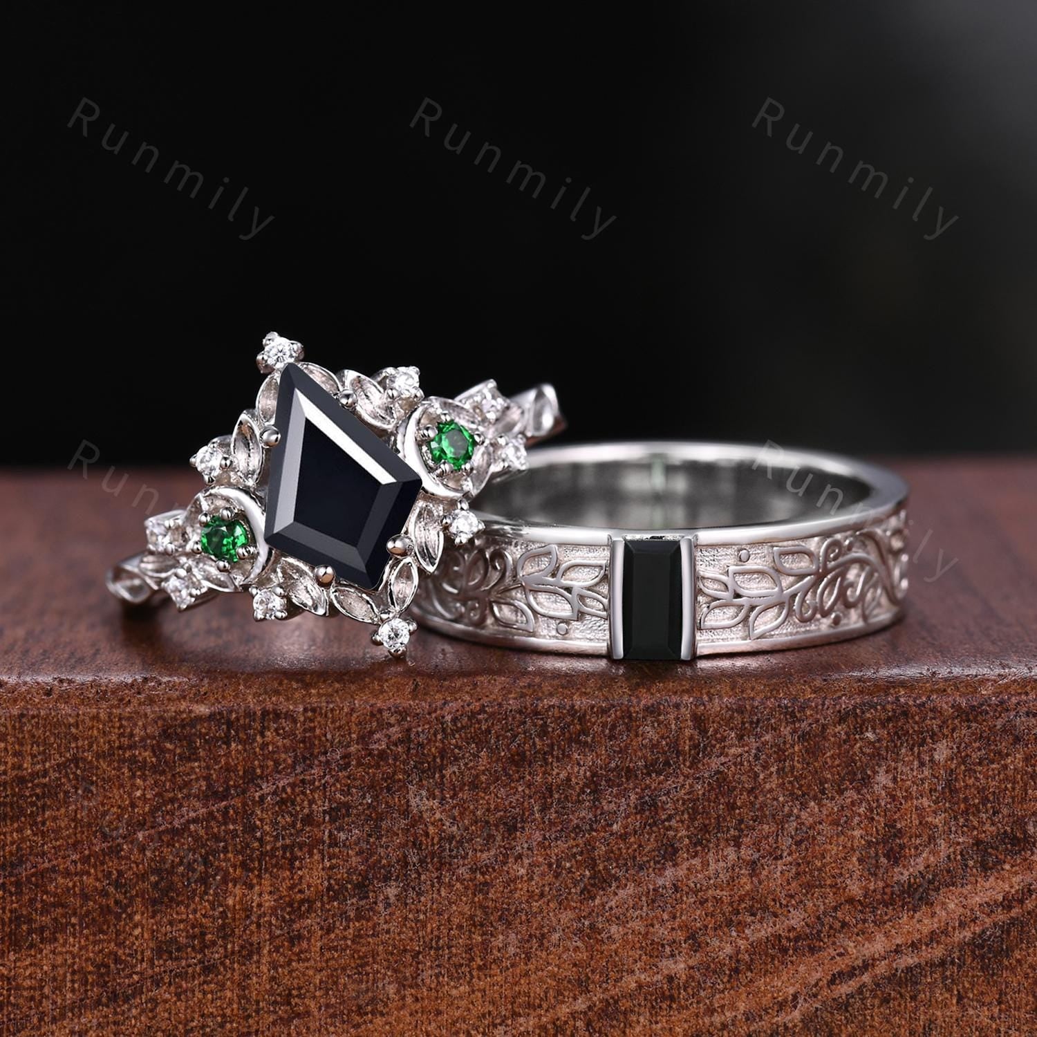 Antique Natural Black Onyx Couples Ring Set Leaf Style Promise Ring For Men For Women Silver His and Hers Wedding Band Mens Engagement Ring