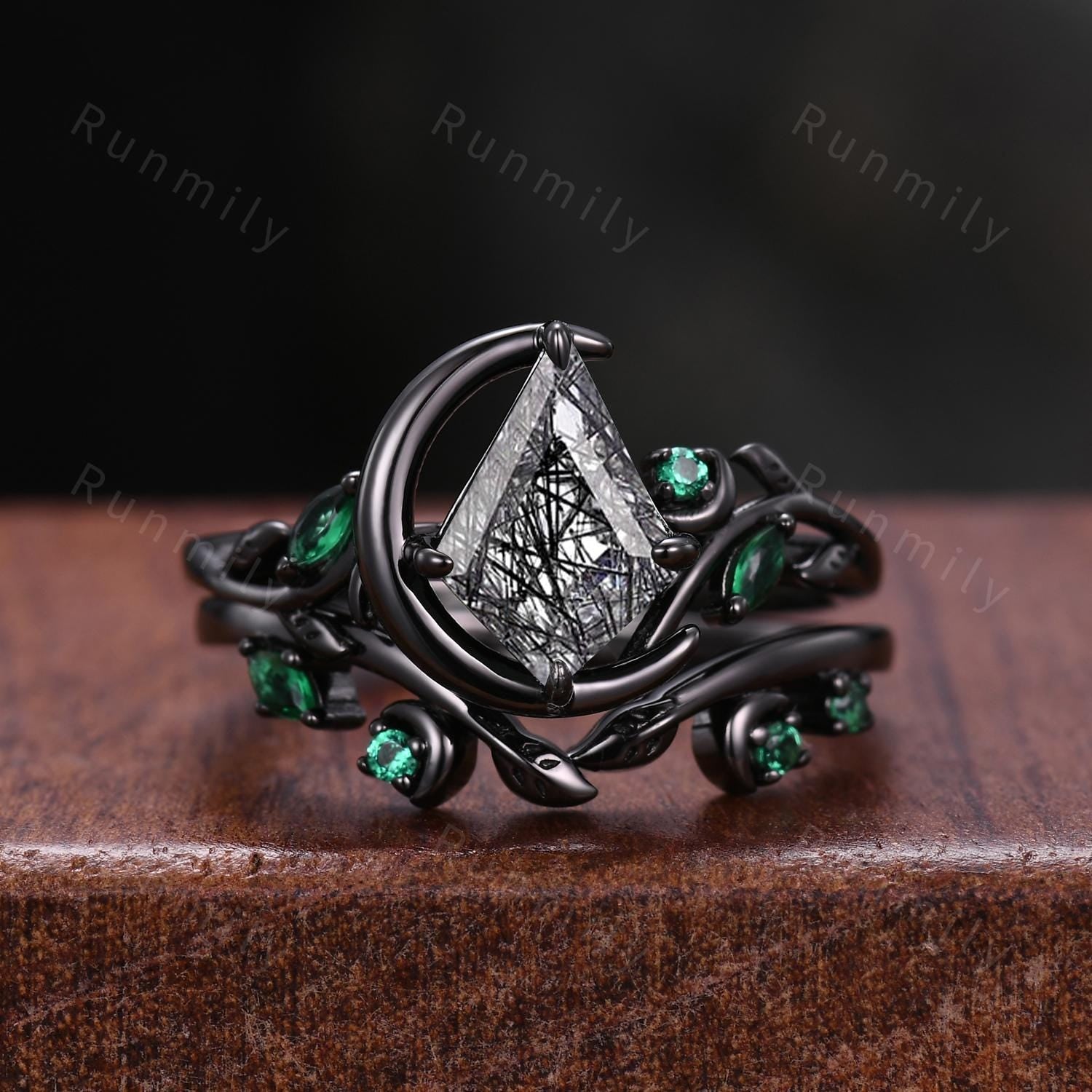 Nature Inspired Black Rutilated Quartz Engagement Ring Set Unique Crescent Moon Emerald Ring Gothic Black Gold Ring Women Leaf Design Ring