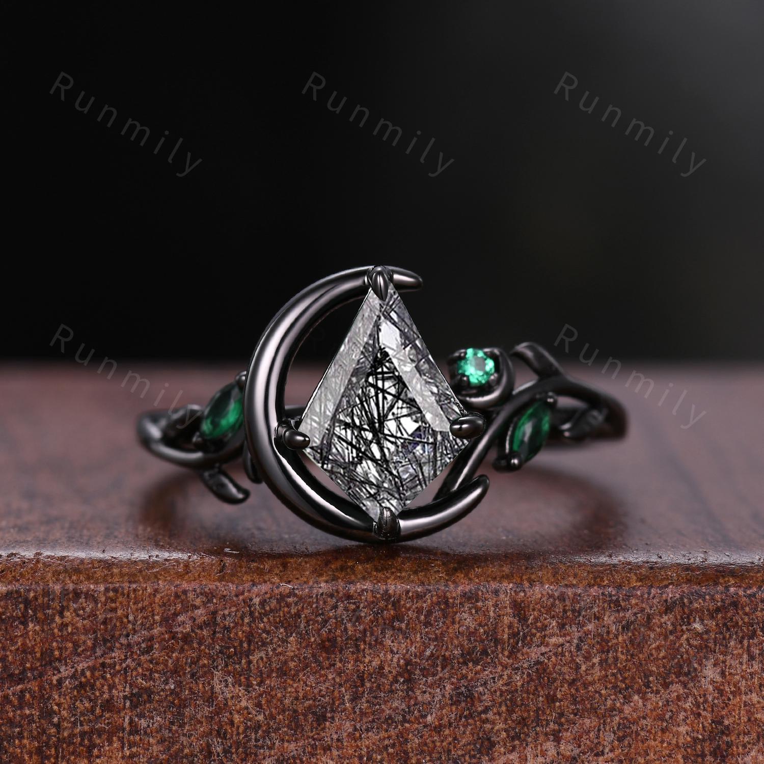 Nature Inspired Black Rutilated Quartz Engagement Ring Set Unique Crescent Moon Emerald Ring Gothic Black Gold Ring Women Leaf Design Ring