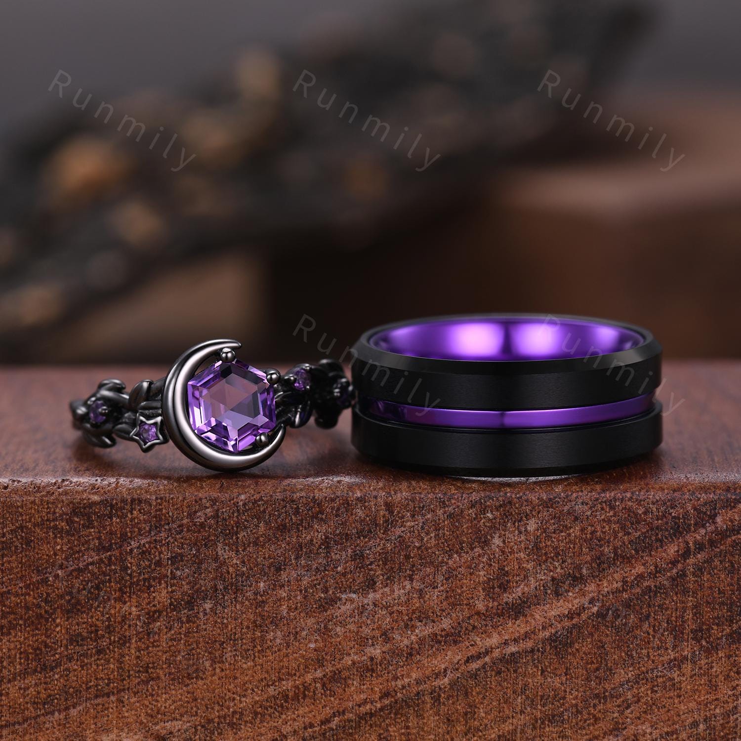 Crescent Amethyst Couple Ring Set Gothic Black Gold Ring Vintage His and Hers Wedding Band Men's Tungsten Ring Purple Gemstone Rings