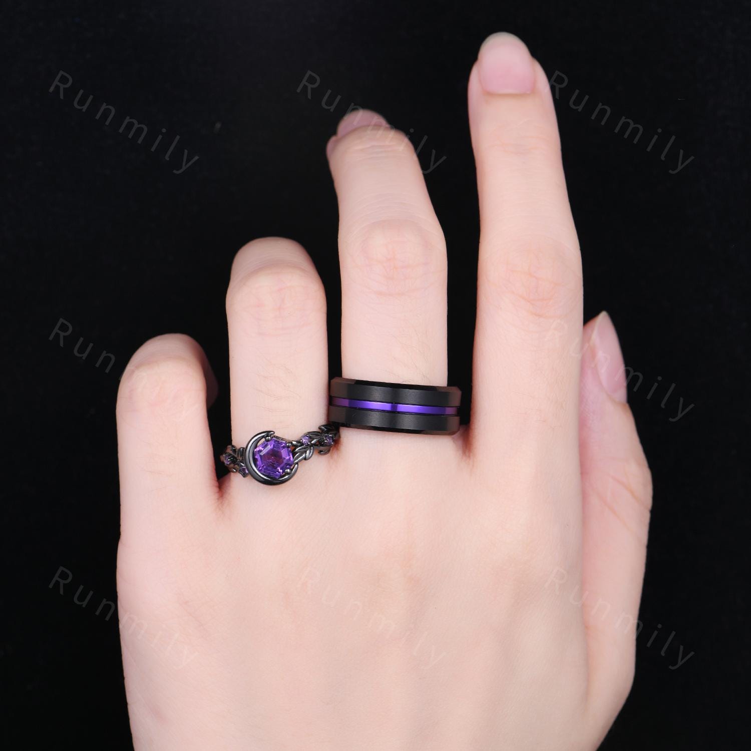 Crescent Amethyst Couple Ring Set Gothic Black Gold Ring Vintage His and Hers Wedding Band Men's Tungsten Ring Purple Gemstone Rings