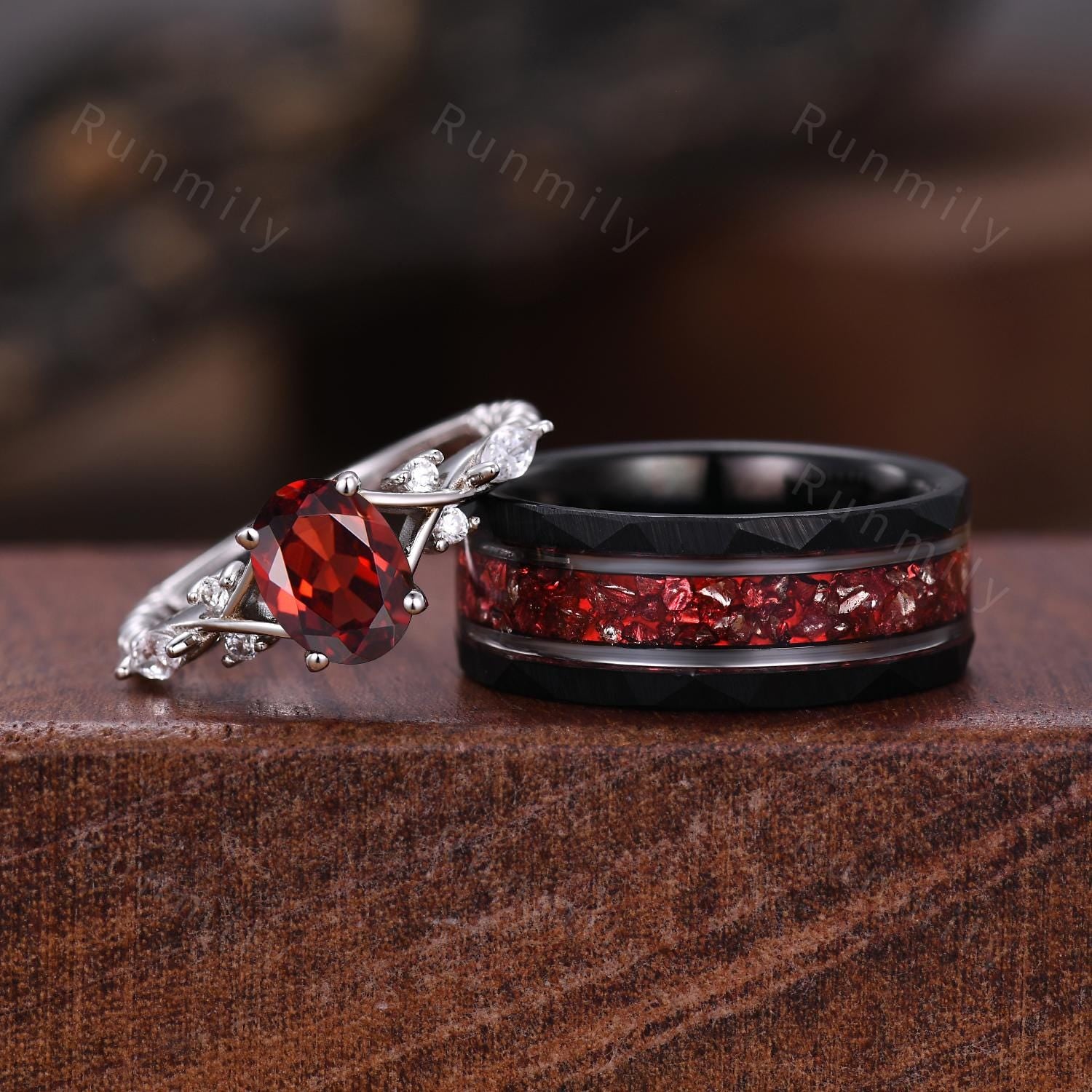 Oval cut Garnet couples ring set silver black gold matching promise ring vintage His and Hers wedding band Mens garnet ring anniversary ring