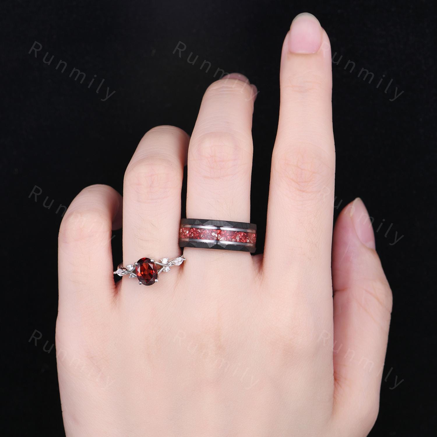 Oval cut Garnet couples ring set silver black gold matching promise ring vintage His and Hers wedding band Mens garnet ring anniversary ring