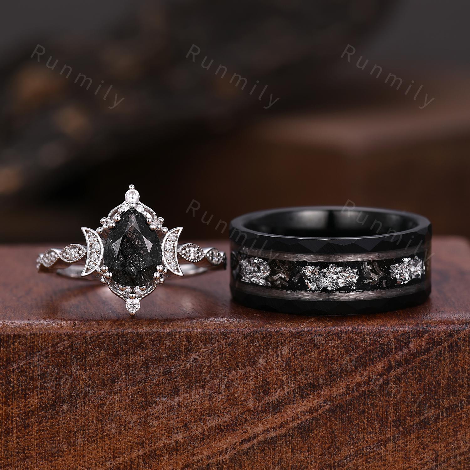 Vintage Black Onyx Couple Ring Art Deco Moon Style Ring His And Hers Wedding Band Natural Black Gemstone Promise Ring For Men For Women