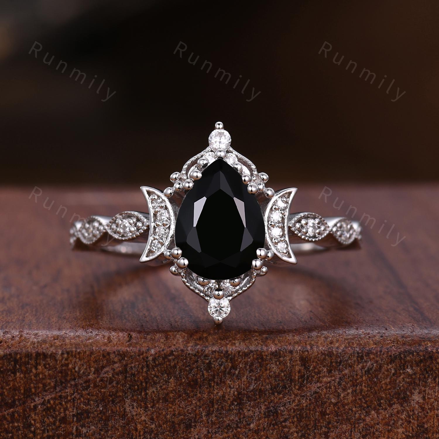 Vintage Black Onyx Couple Ring Art Deco Moon Style Ring His And Hers Wedding Band Natural Black Gemstone Promise Ring For Men For Women