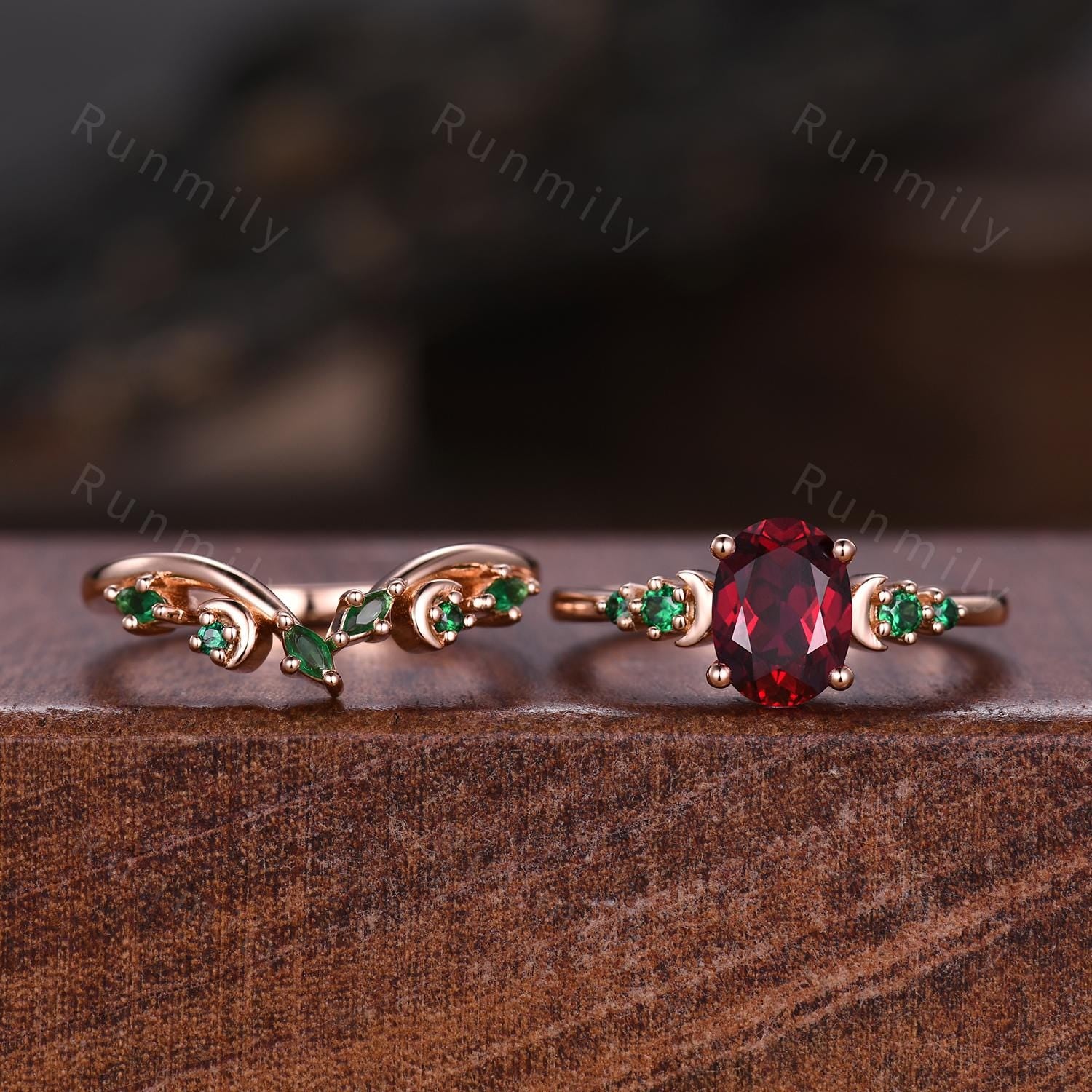 Oval Cut Ruby Emerald Engagement Ring Set Rose Gold Rings For Women Crescent Moon Style Wedding Ring Set Curved Emerald Band Promise Ring