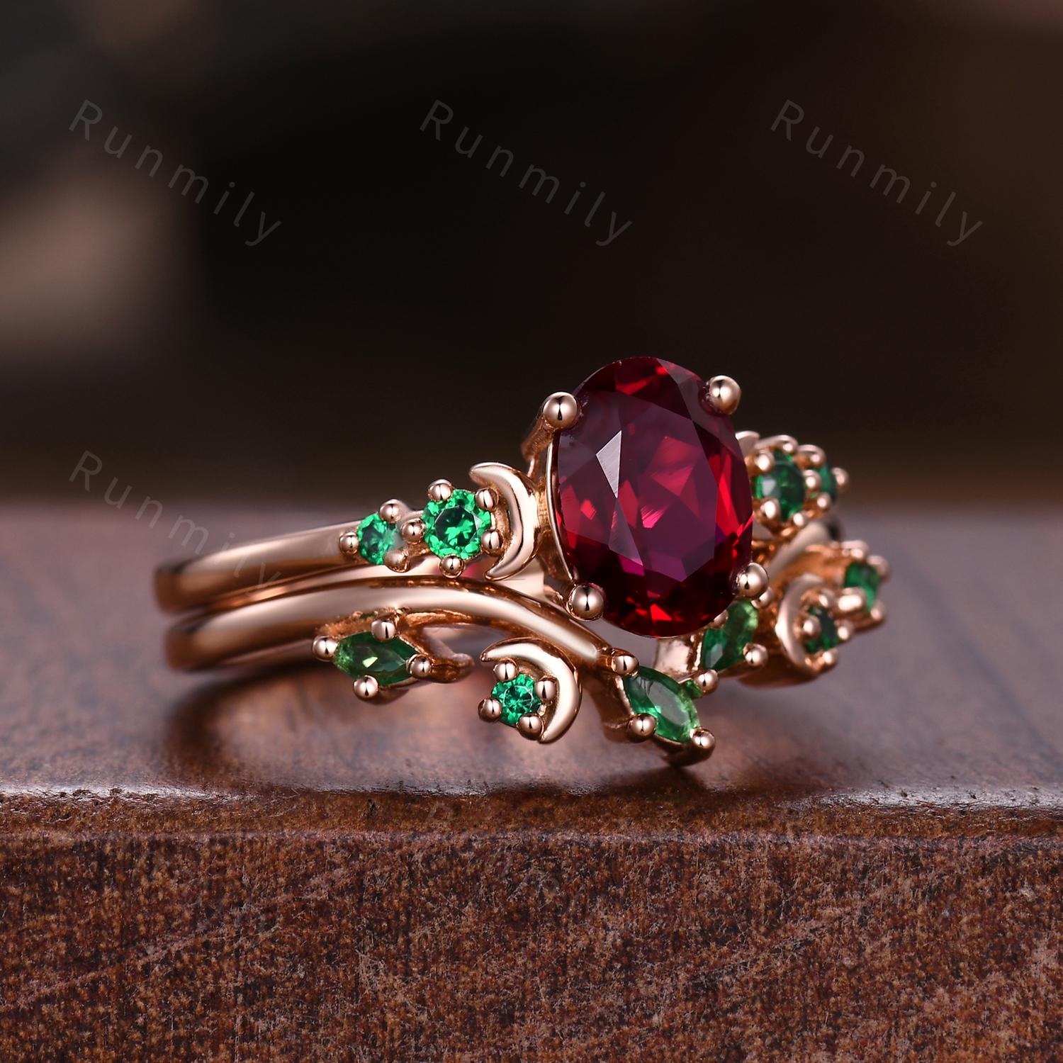 Oval Cut Ruby Emerald Engagement Ring Set Rose Gold Rings For Women Crescent Moon Style Wedding Ring Set Curved Emerald Band Promise Ring