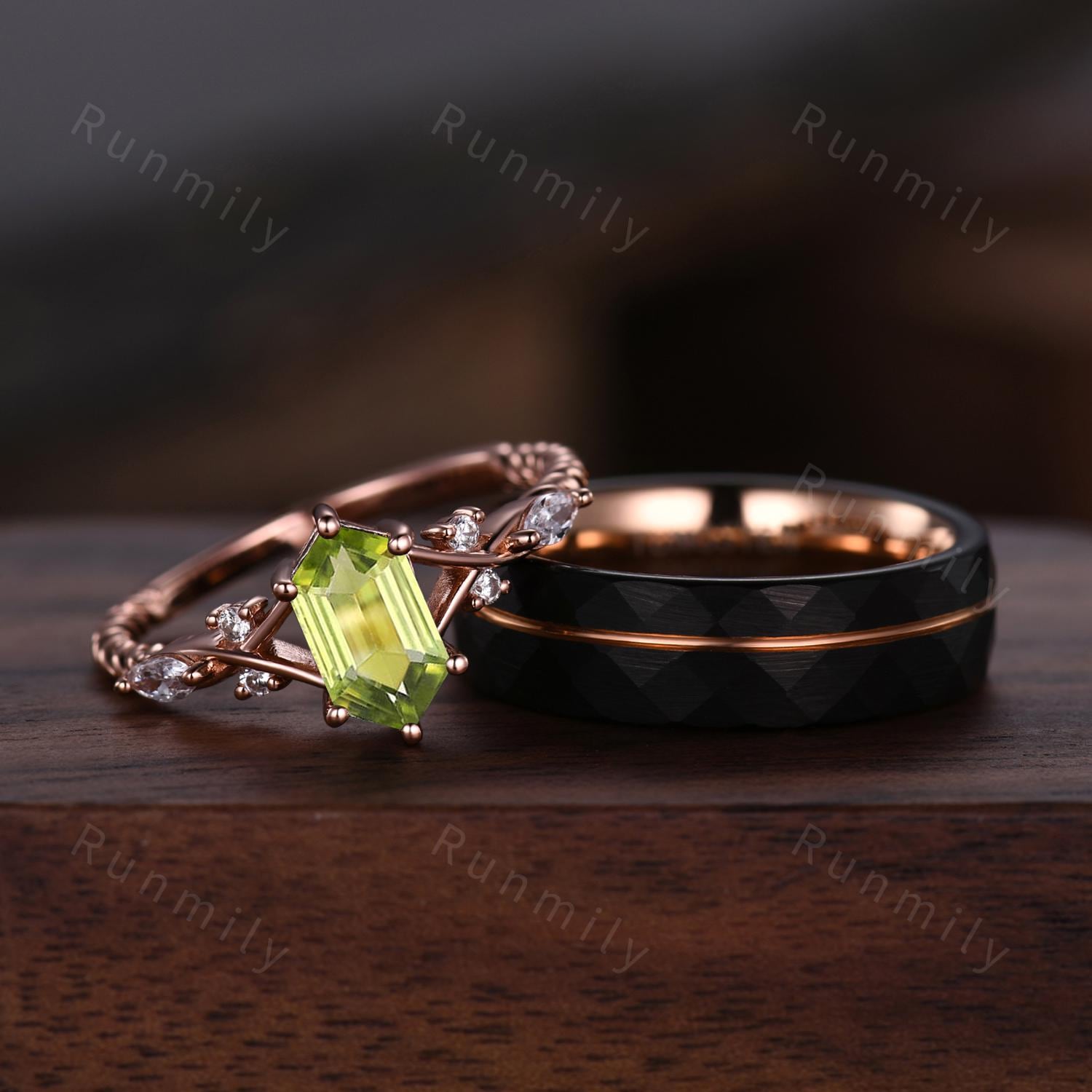 Vintage Natural Peridot Couples Ring Rose Gold Matching Ring Set His And Hers Wedding Band Promise Ring For Men For Women Natural Green Gem