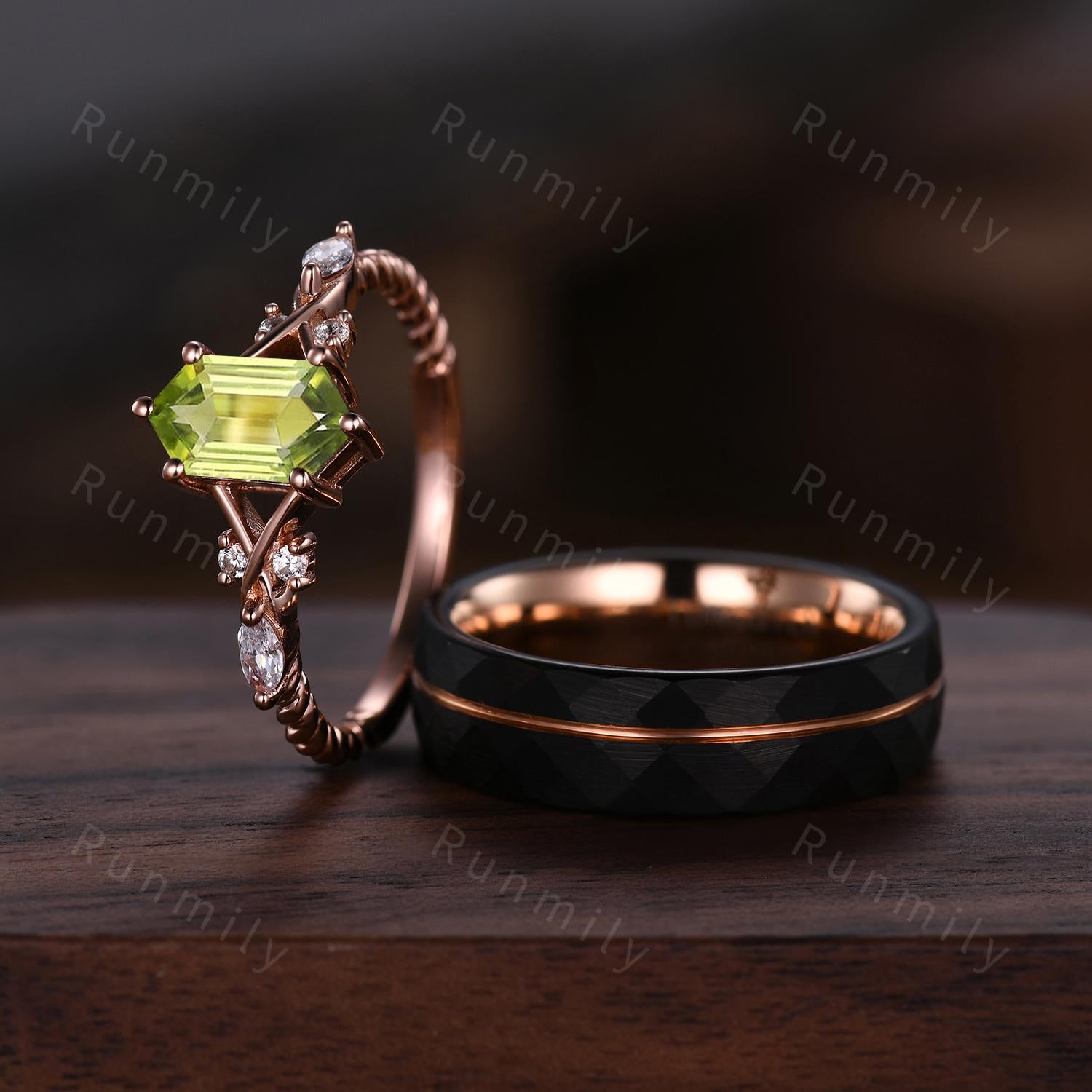 Vintage Natural Peridot Couples Ring Rose Gold Matching Ring Set His And Hers Wedding Band Promise Ring For Men For Women Natural Green Gem