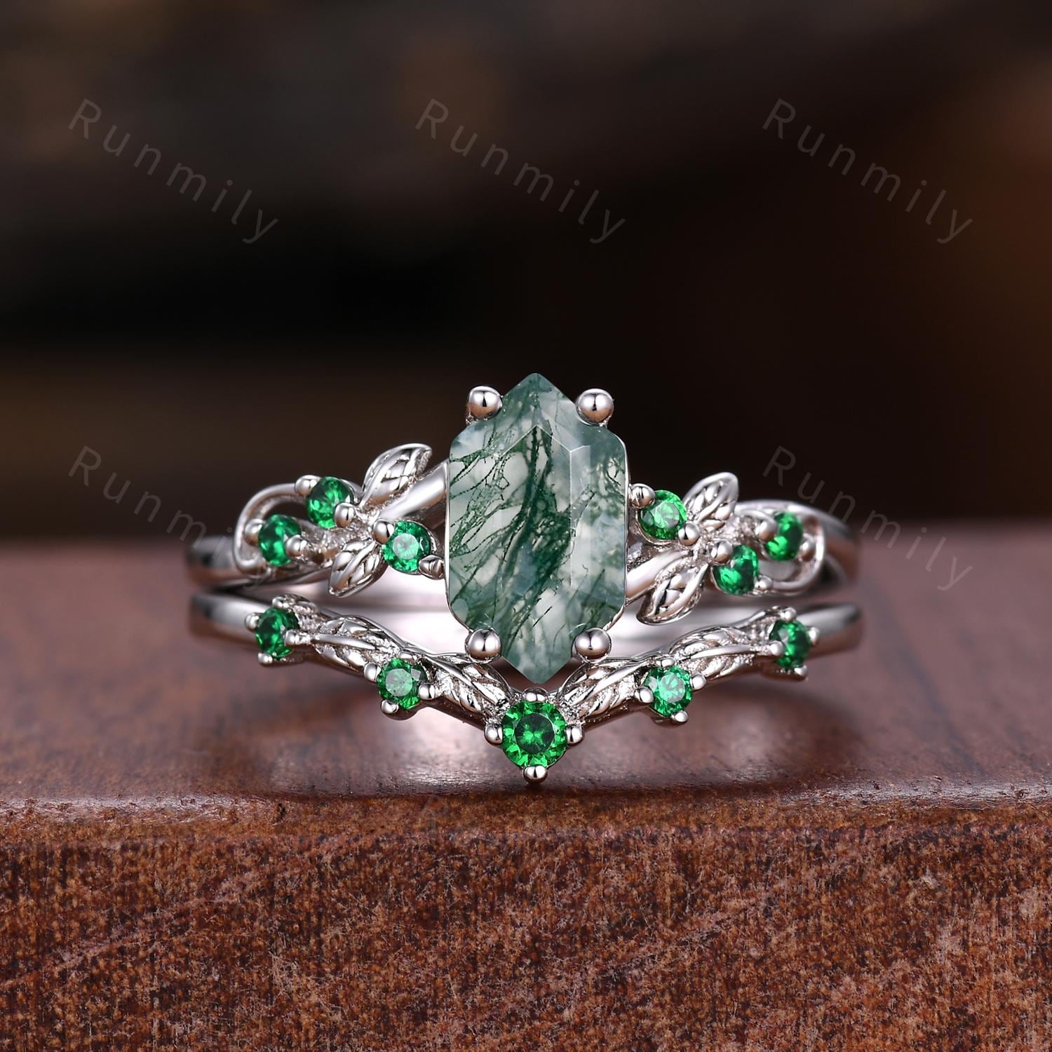 Natural Moss Agate Emerald Couples Ring Set Vintage Silver His and Her Wedding Band Promise Ring For Men and Women Hexagon cut Bridal Set