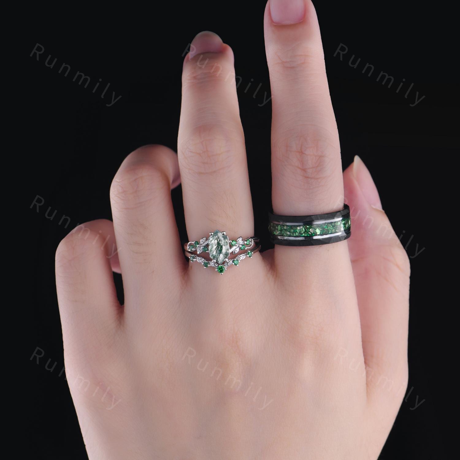 Natural Moss Agate Emerald Couples Ring Set Vintage Silver His and Her Wedding Band Promise Ring For Men and Women Hexagon cut Bridal Set