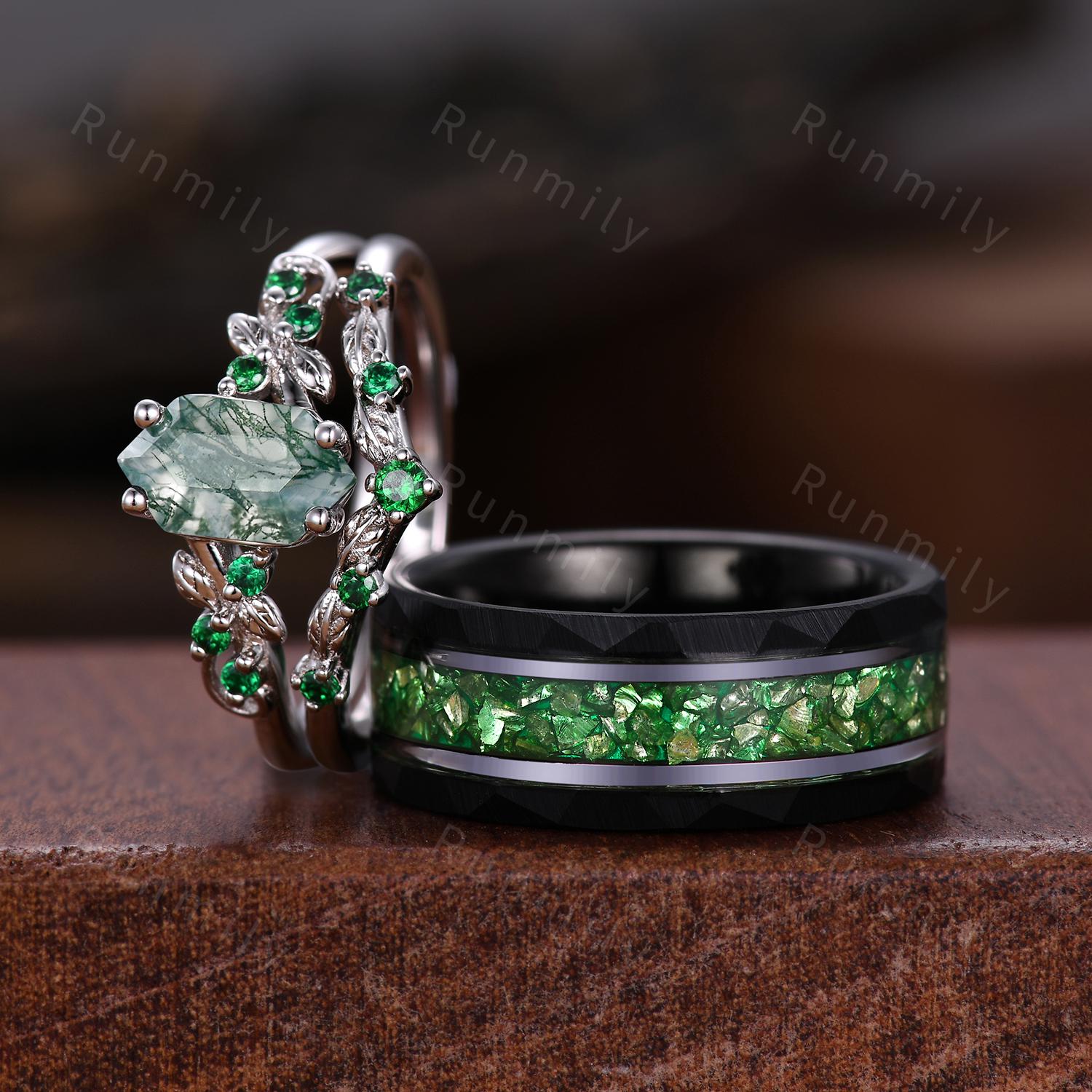 Natural Moss Agate Emerald Couples Ring Set Vintage Silver His and Her Wedding Band Promise Ring For Men and Women Hexagon cut Bridal Set