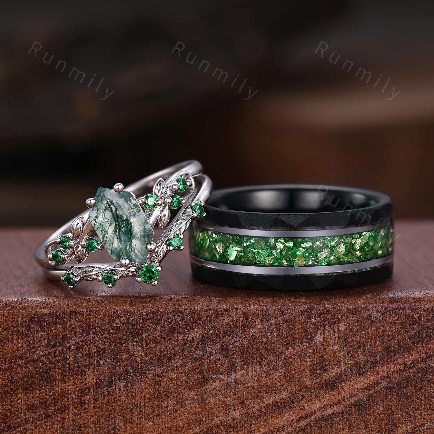 Natural Moss Agate Emerald Couples Ring Set Vintage Silver His and Her Wedding Band Promise Ring For Men and Women Hexagon cut Bridal Set