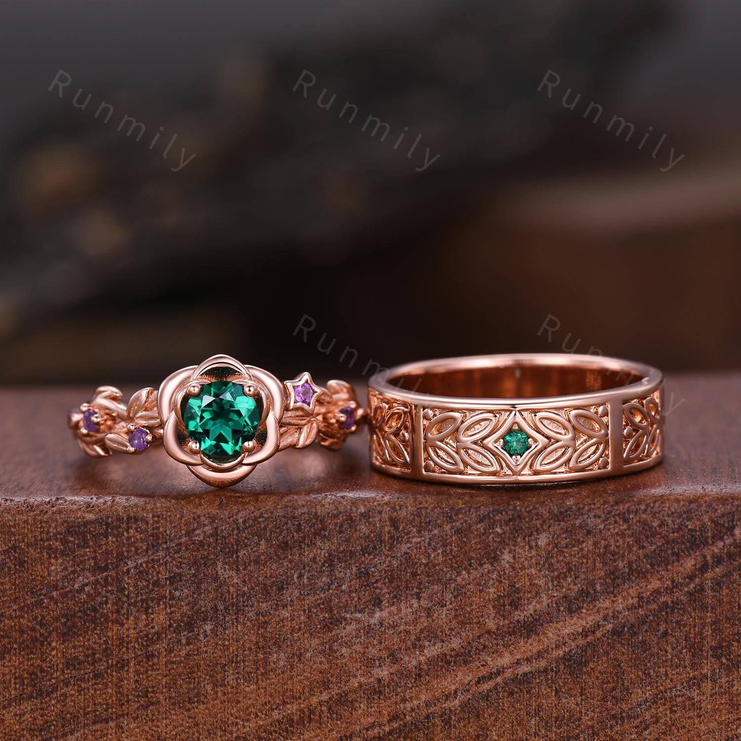 Unique Floral Emerald Couples Ring Set Rose Gold Matching Ring For Men For Women Vintage His And Hers Wedding Band Mens Emerald Promise Ring
