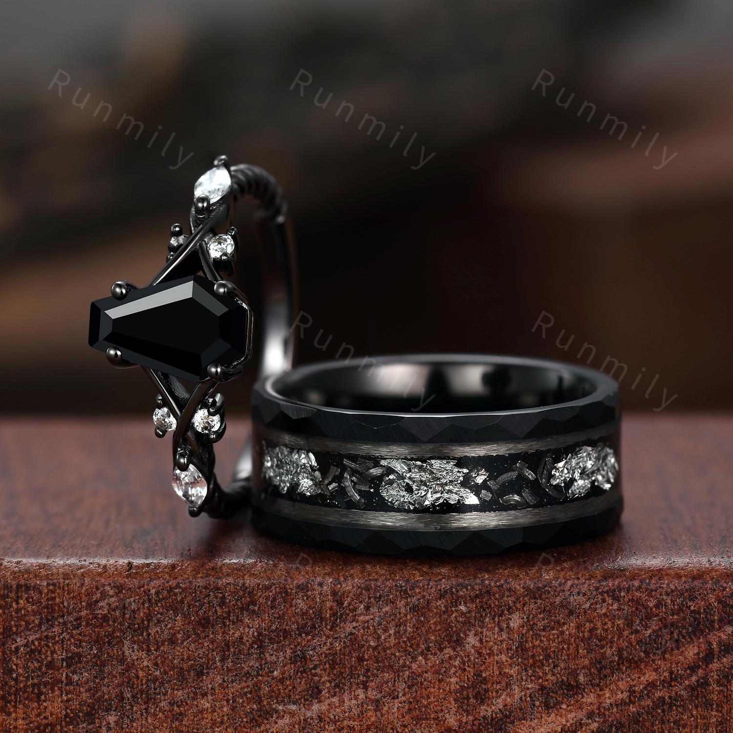 Coffin cut Black Onyx Couple Ring Gothic Black Gold Matching Ring Set His and Hers Wedding Band Natural Black Gemstone Couples Ring Gift