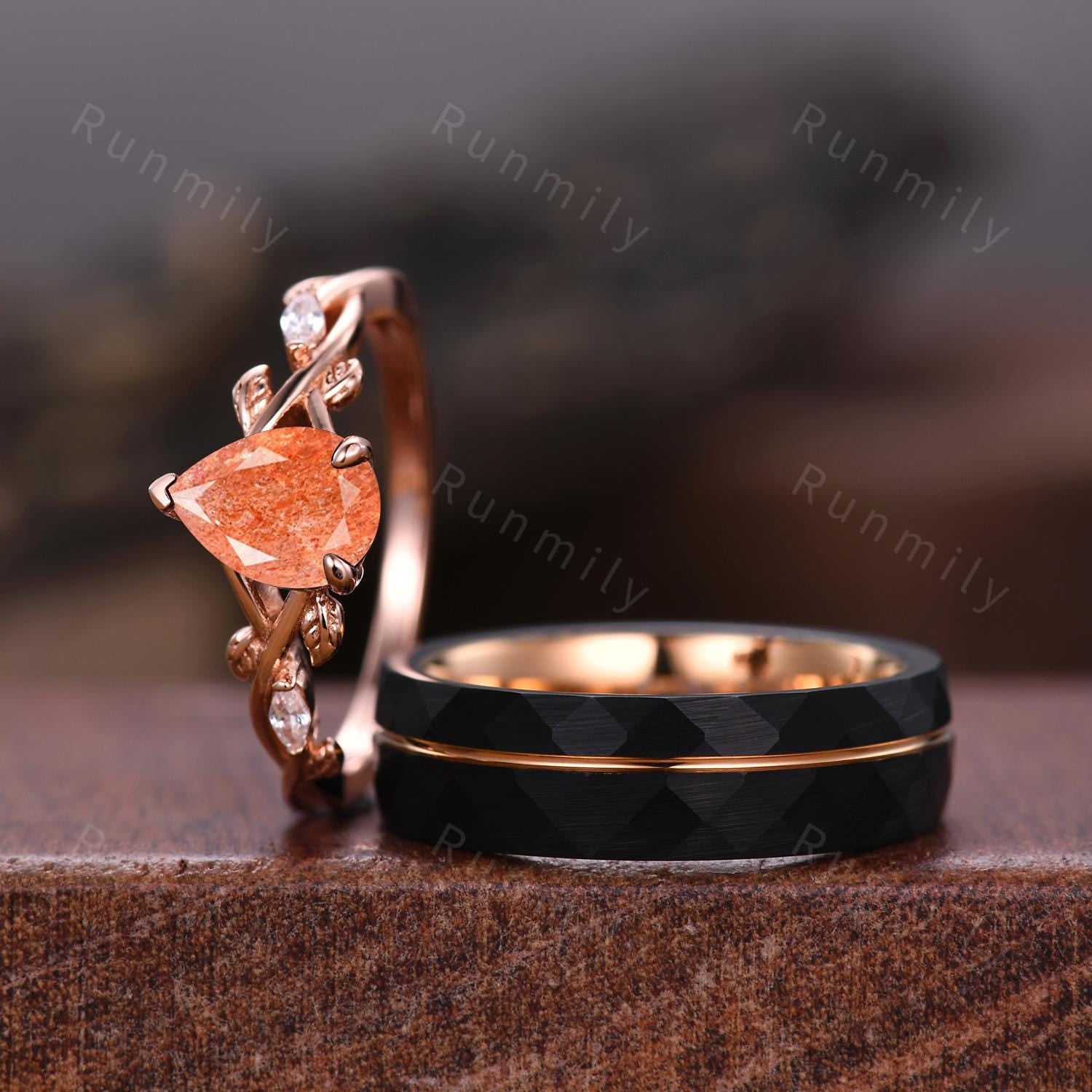 Vintage Sunstone Couples Ring Rose Gold Matching Ring Set His And Hers Wedding Band Promise Ring For Men For Women Energy Stone Ring