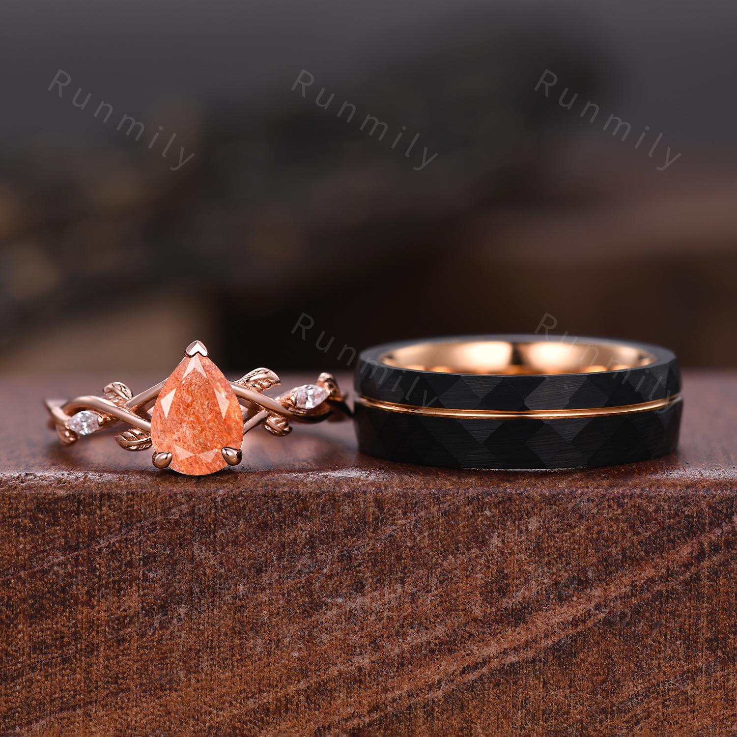 Vintage Sunstone Couples Ring Rose Gold Matching Ring Set His And Hers Wedding Band Promise Ring For Men For Women Energy Stone Ring