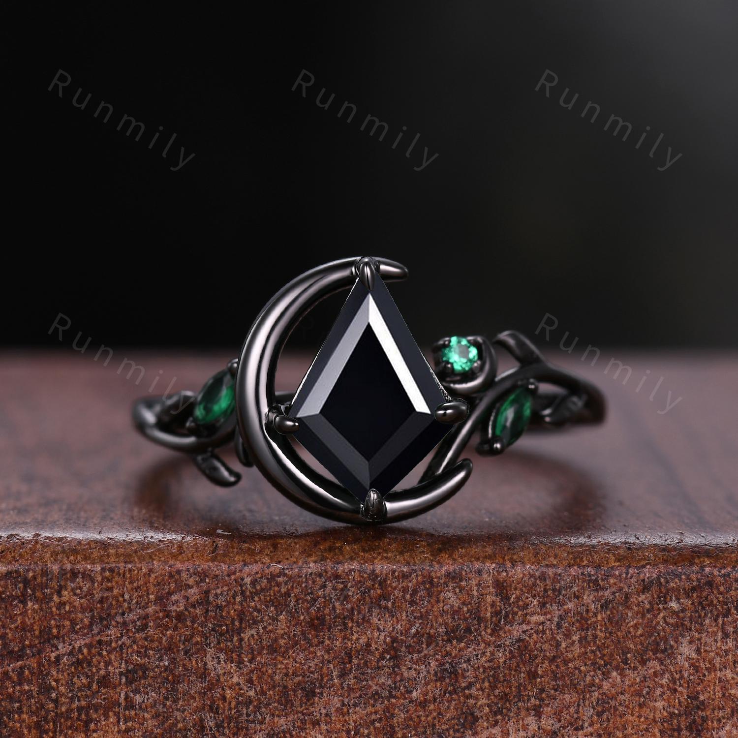 Nature Inspired Kite cut Black Onyx Engagement Ring Set Unique Crescent Moon Emerald Ring Gothic Black Gold Ring For Women Leaf Design Ring