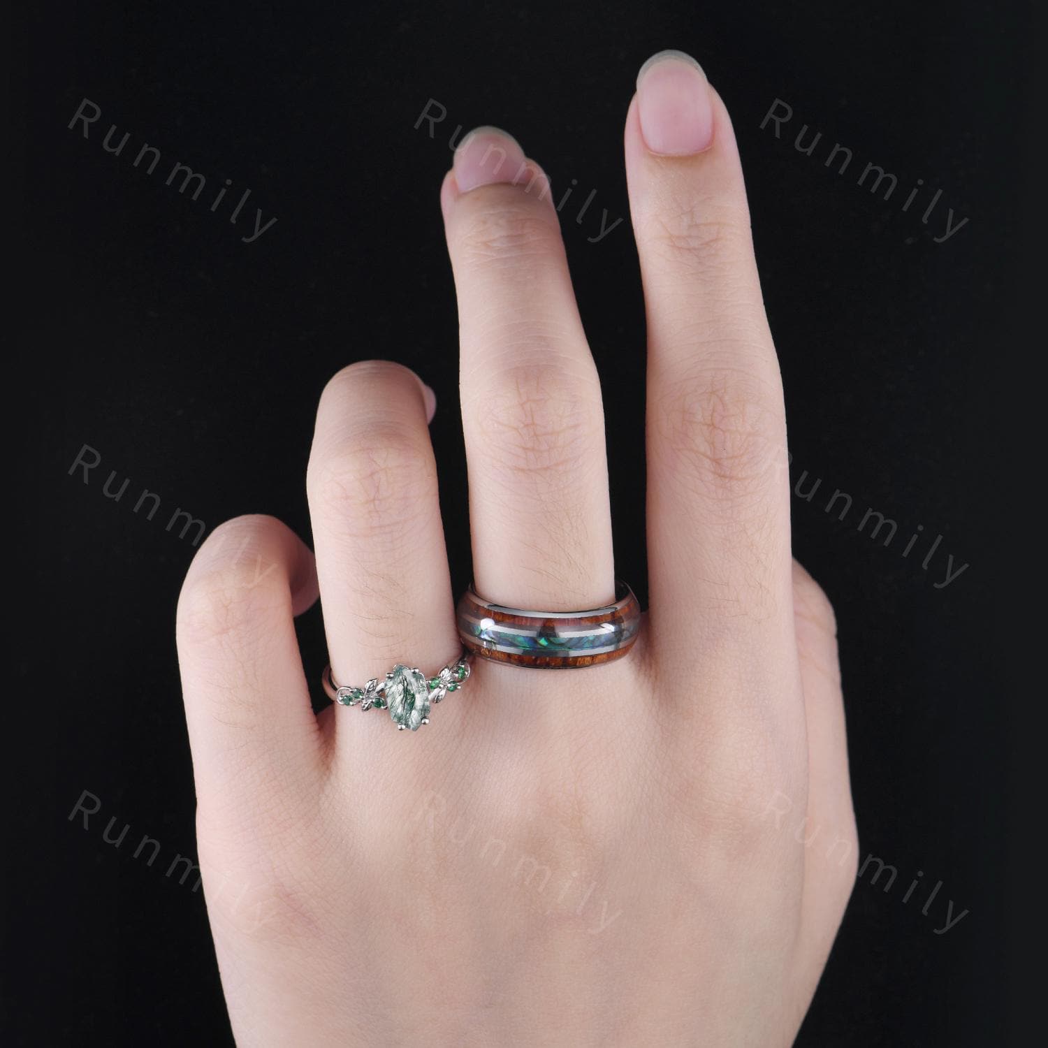 Natural Moss Agate Couples Ring Vintage Matching Promise Ring Set Silver His and Hers Wedding Band Mens Wooden Ring Green Agate Ring