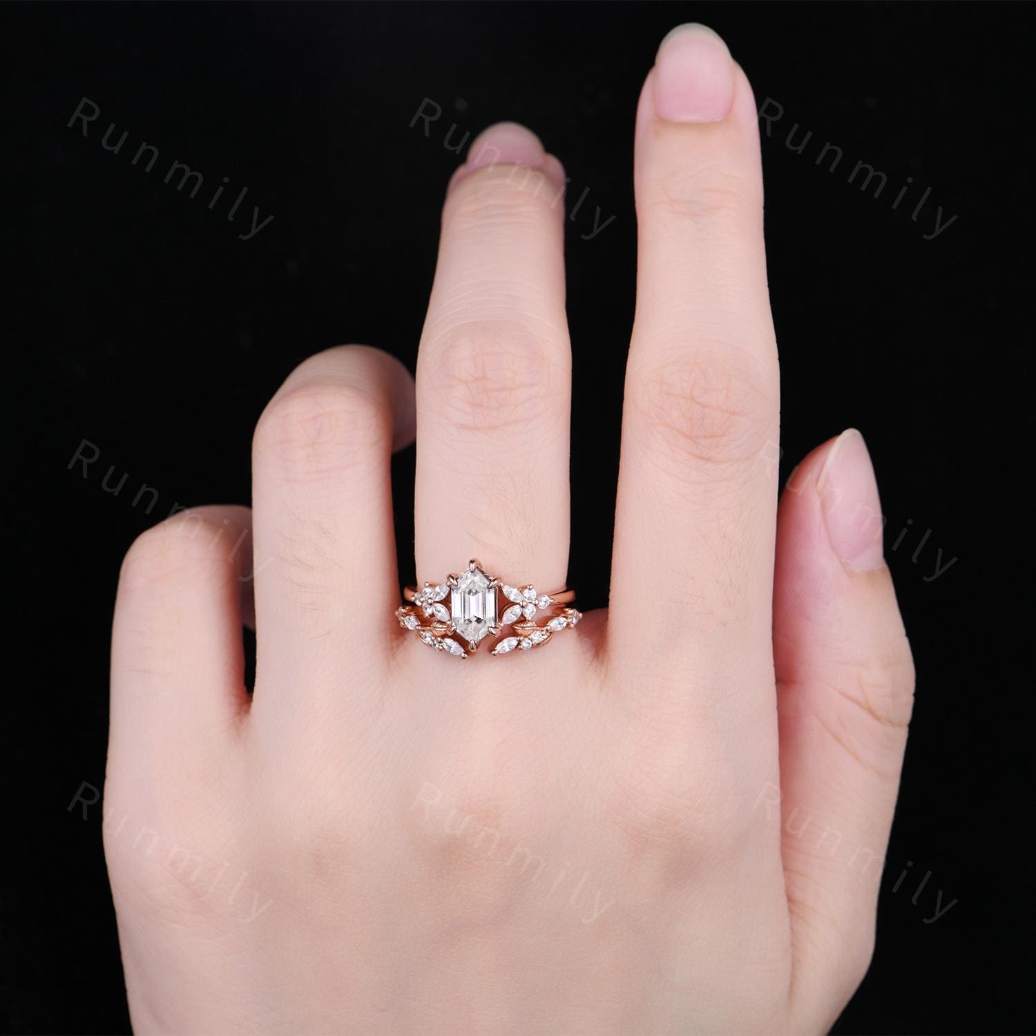 Hexagon cut Moissanite Engagement ring set Vintage open gap wedding band Rose gold Cluster shank leaf Bridal set Anniversary ring gift