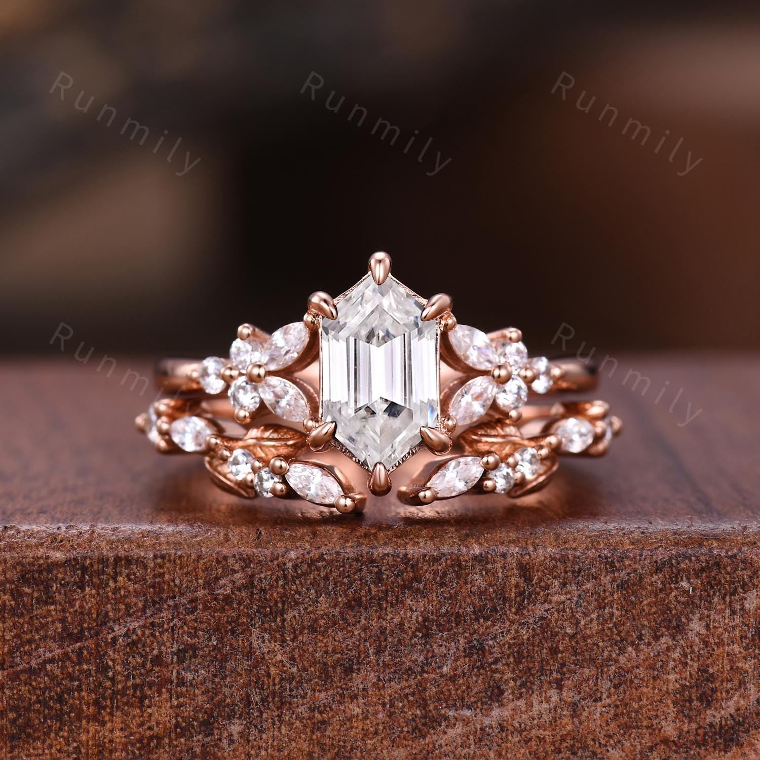 Hexagon cut Moissanite Engagement ring set Vintage open gap wedding band Rose gold Cluster shank leaf Bridal set Anniversary ring gift